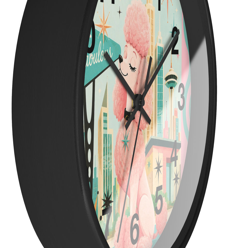 Pink Retro Poodle Wall Clock | Mid Century Atomic City Scene