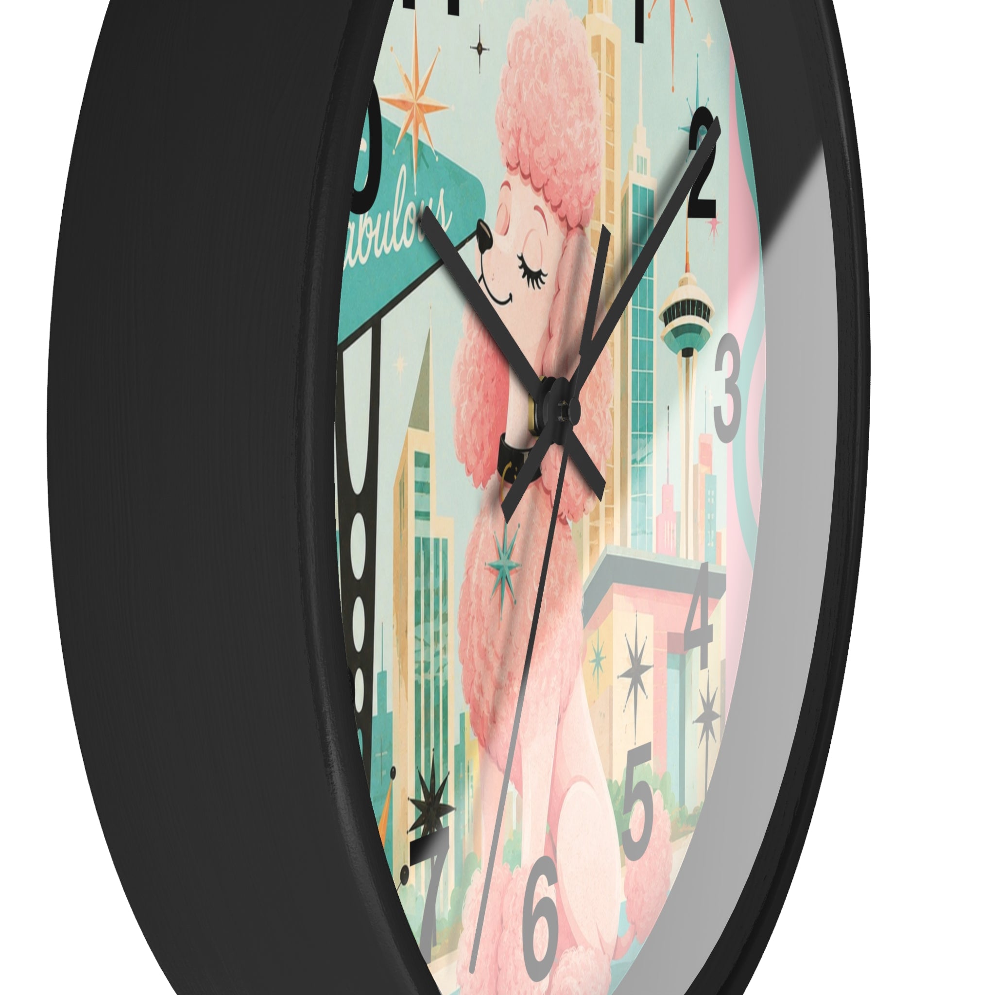 Pink Retro Poodle Wall Clock | Mid Century Atomic City Scene