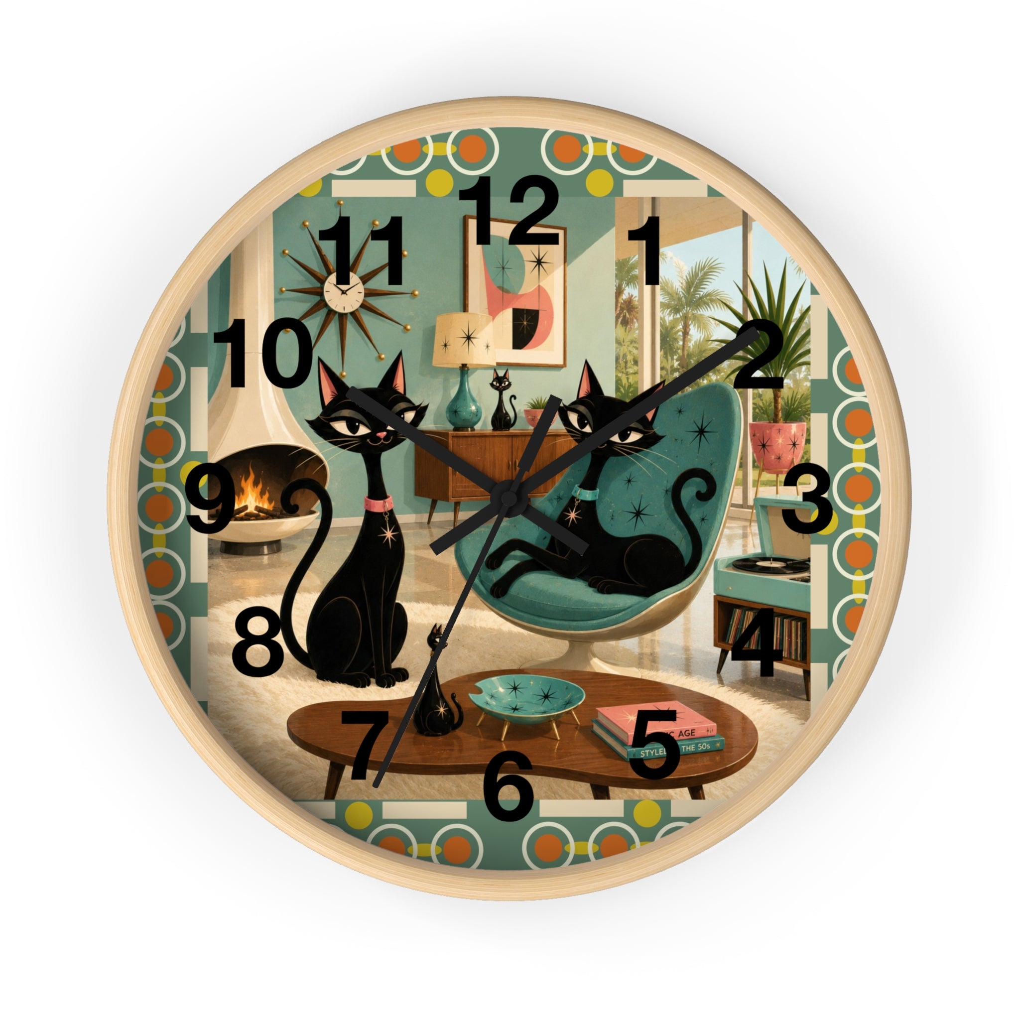 Mid Century Atomic Black Cats Wall Clock | Retro Living Room Decor