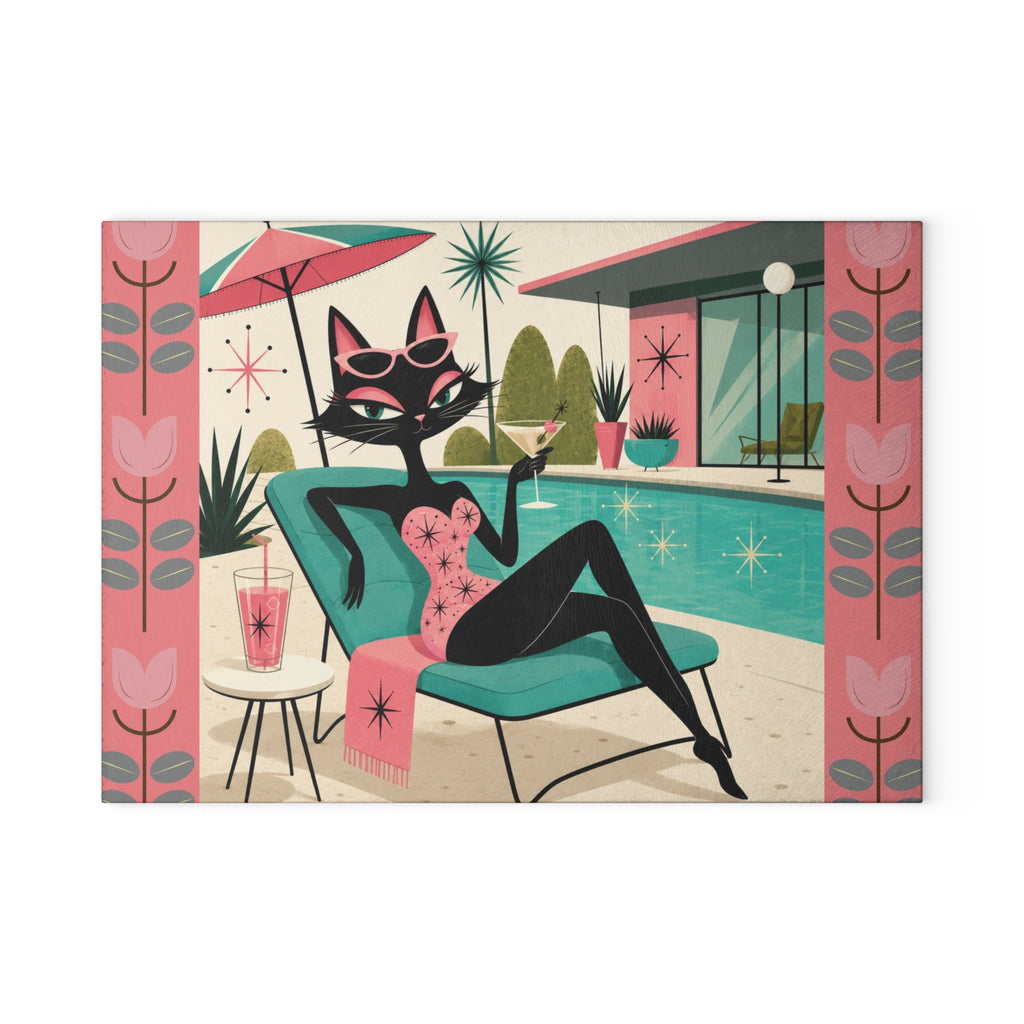 Retro Lounge Atomic Cat Glass Cutting Board | Mid Century Poolside Cocktail Art