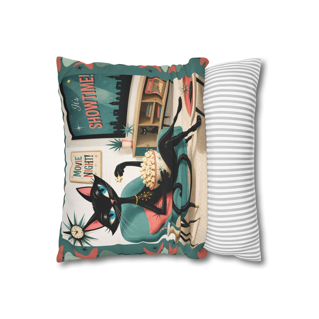 Retro atomic Black Cat Movie Night Pillowcase | MCM Square Pillowcase - Indoor use