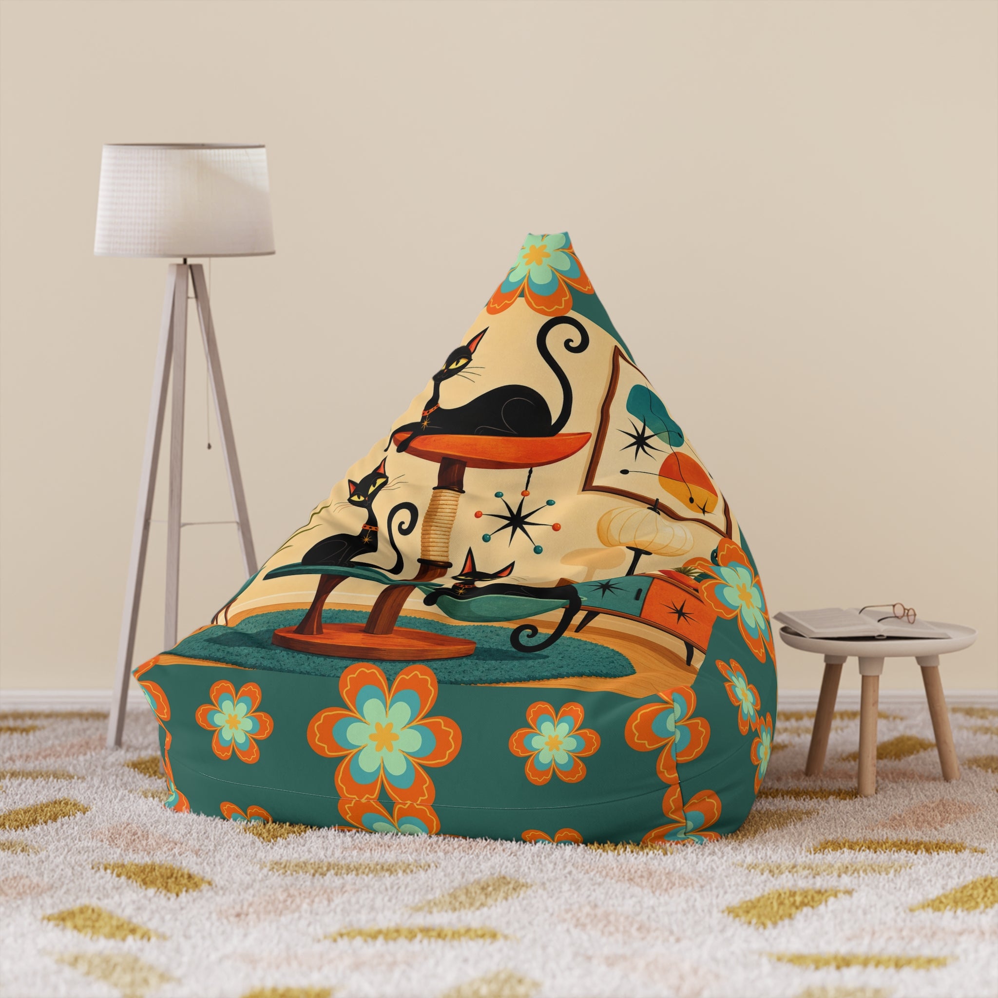 Retro Floral and Atomic Cats Bean Bag Chair Cover | Mid Century Modern Cat Pattern