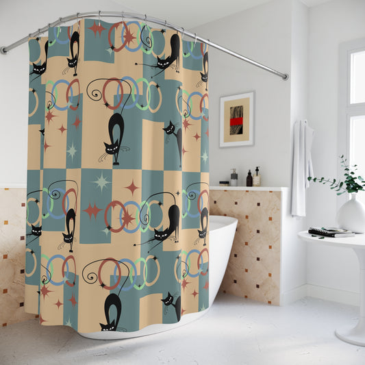 Atomic cat retro circles Shower Curtain, Mid Century Modern, bathtub, stall, black cat shower curtain