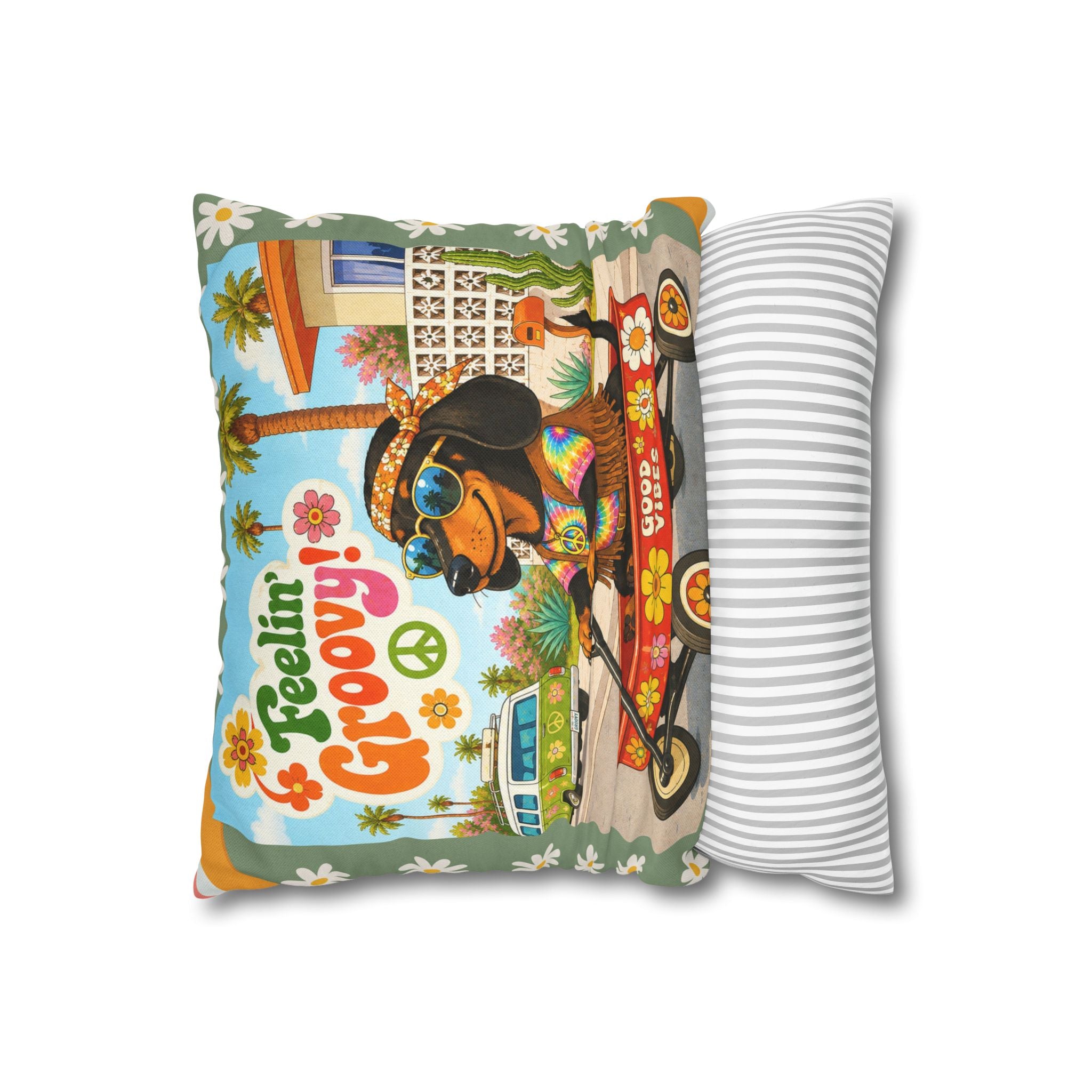 Feelin' Groovy retro Dachshund Pillowcase | 60s 70s pattern Square Decorative Pillow