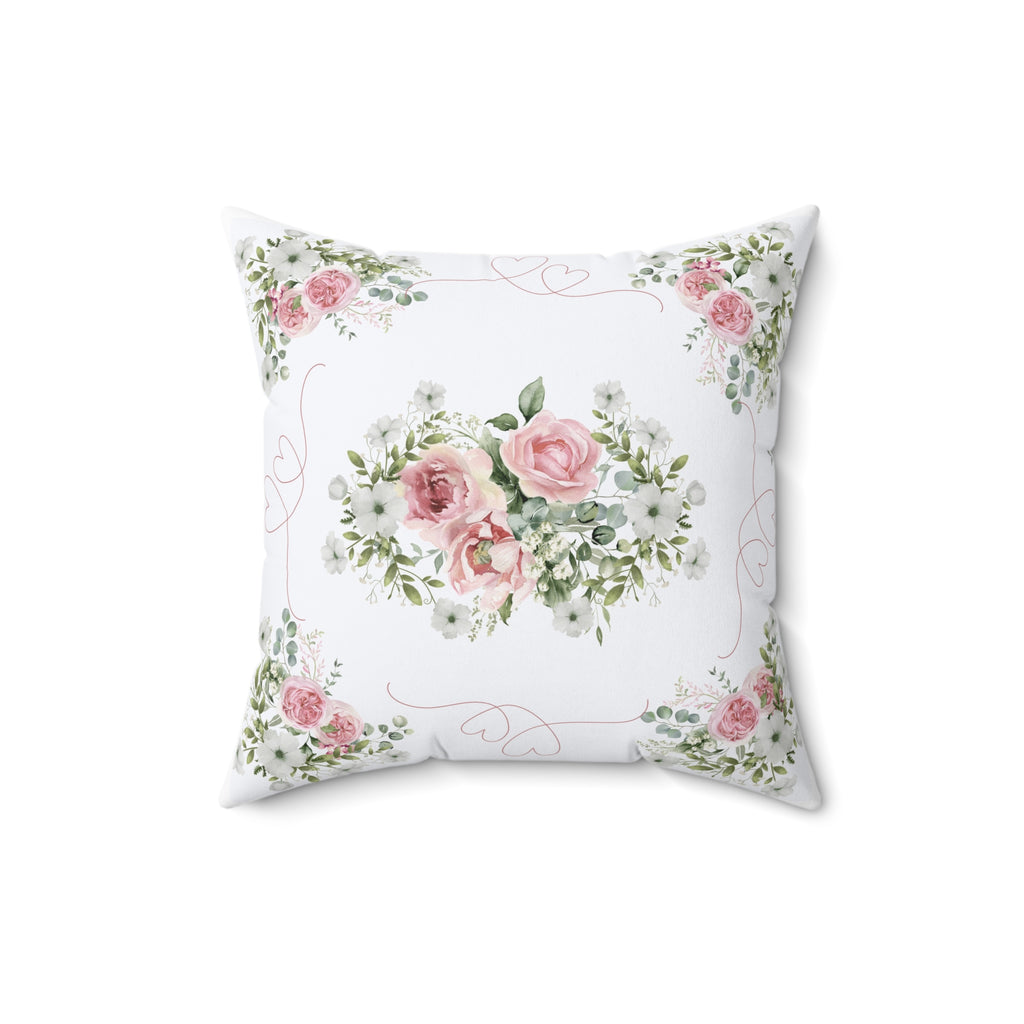 Pink Peony rose love heart Spun Polyester Square Pillow, Shabby chic style, Farmhouse decor, floral scatter cushion