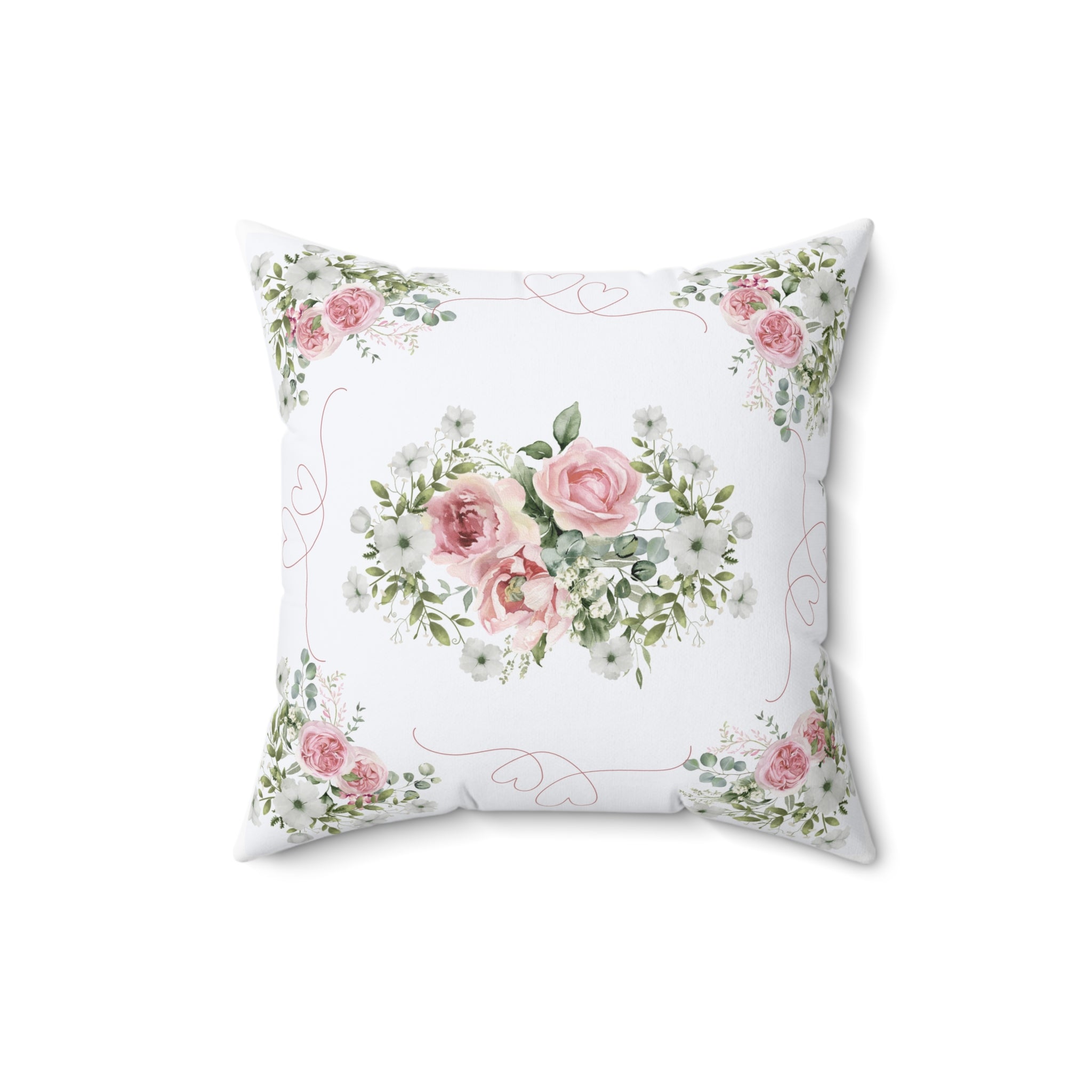 Pink Peony rose love heart Spun Polyester Square Pillow, Shabby chic style, Farmhouse decor, floral scatter cushion