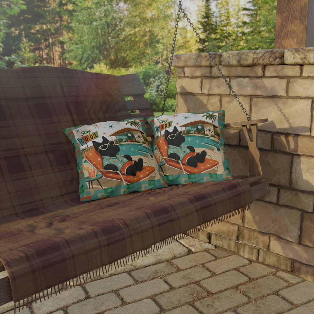 Retro Poolside Scottie Dog Stay Cool Outdoor Pillow | Mid Century Modern