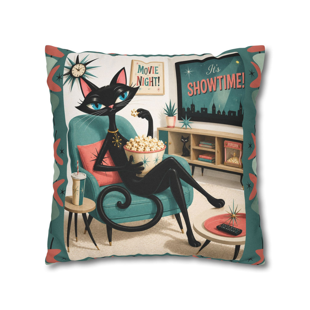 Retro atomic Black Cat Movie Night Pillowcase | MCM Square Pillowcase - Indoor use