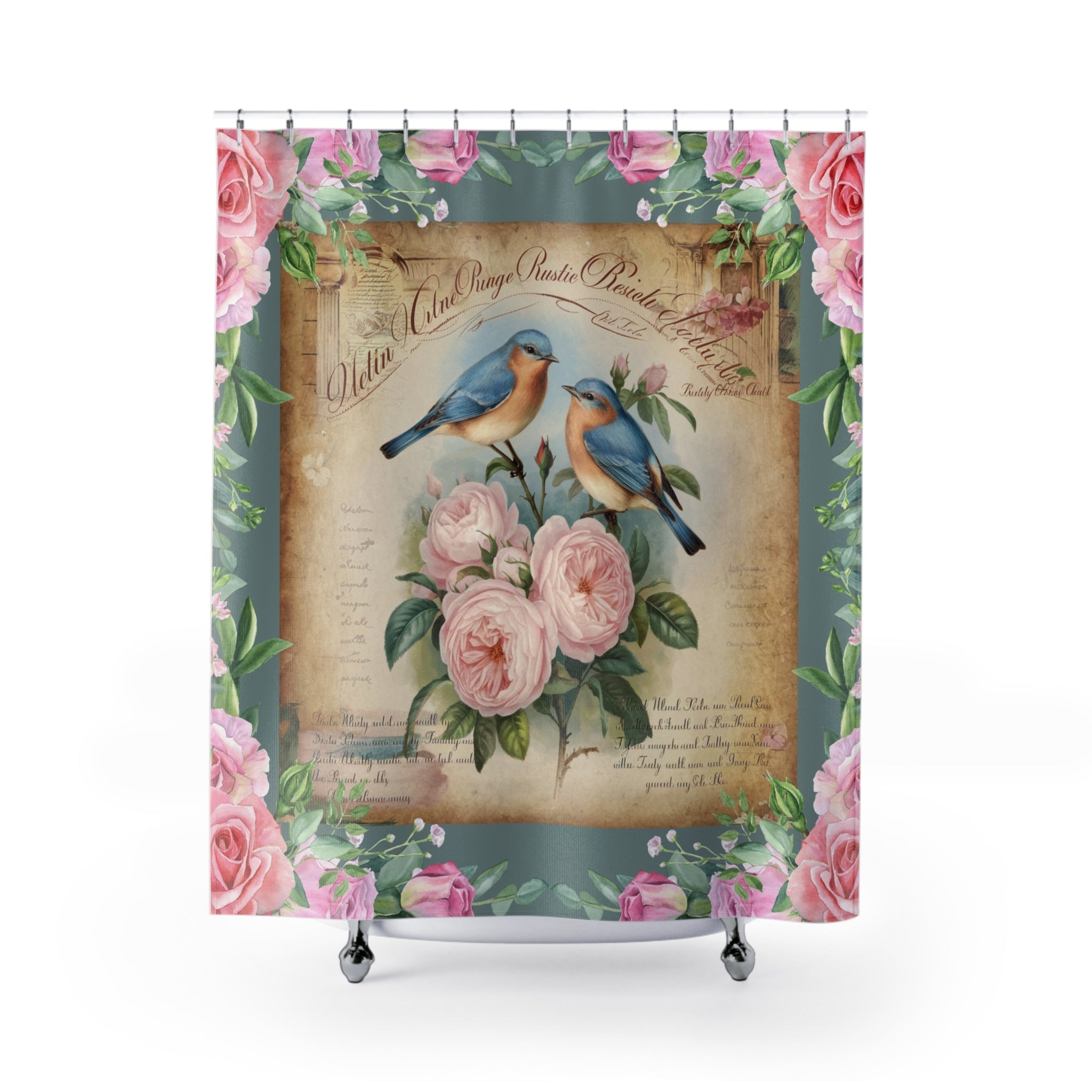 Vintage Floral Shabby chic Shower Curtain with Bluebirds, Rustic Home Decor, Bathroom Accessory, Gift for Bird Lovers