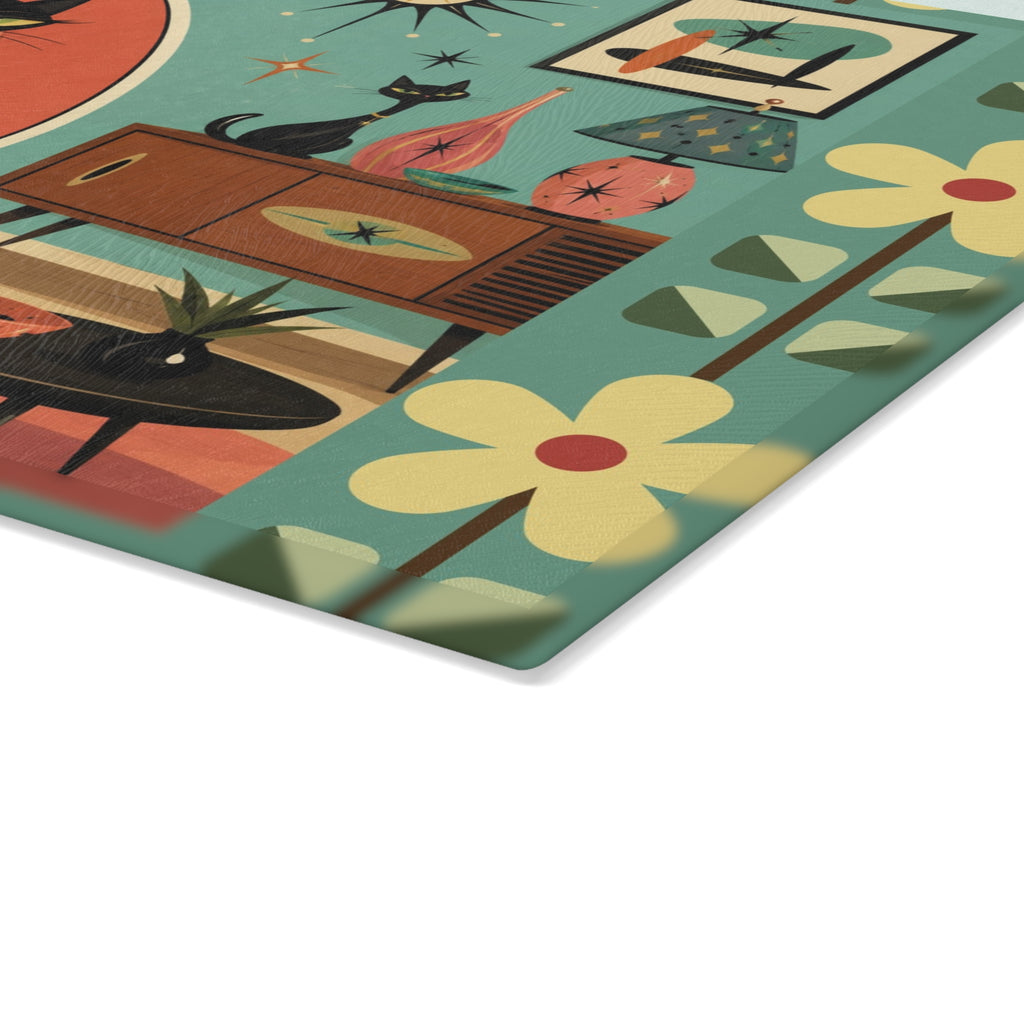 Retro Lounge Atomic Cat Glass Cutting Board | Mid Century Modern Kitchen Decor