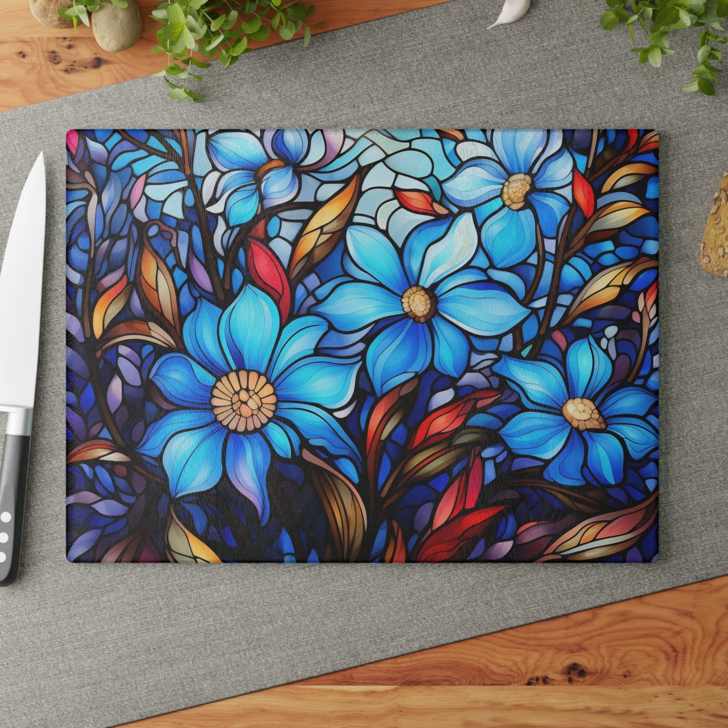 Bright blue stained glass look tempered glass cutting board