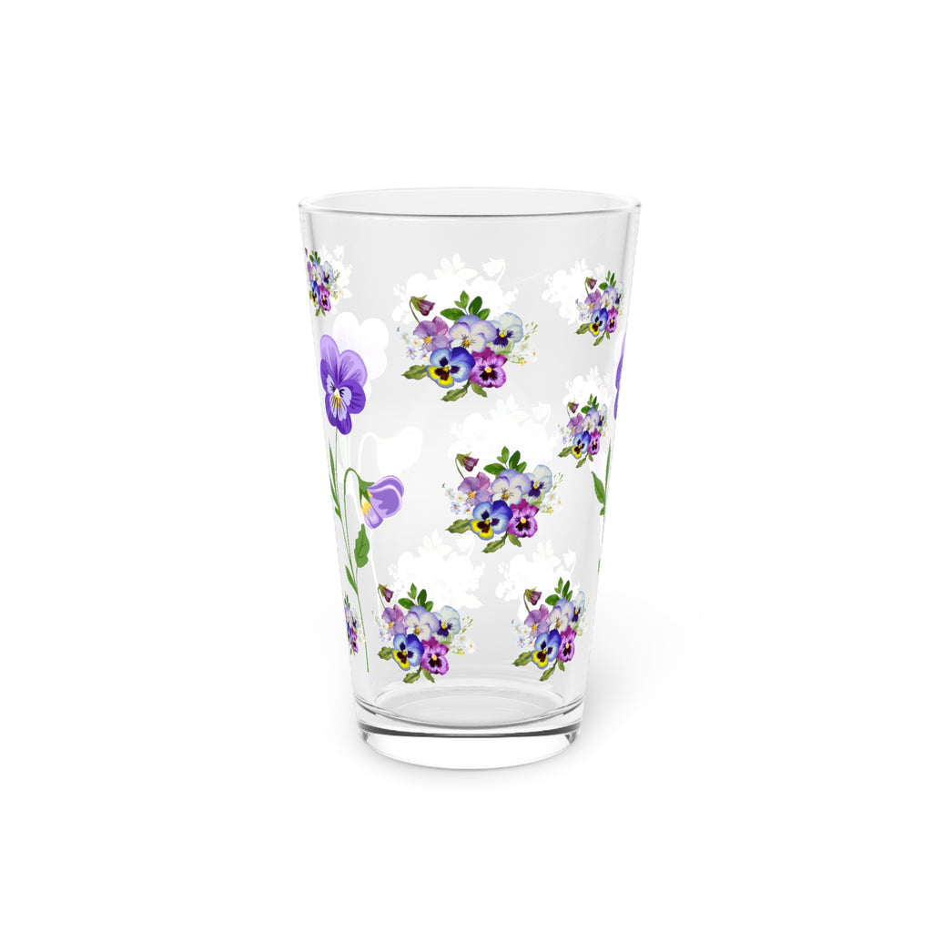 Pansies floral 16 oz Pint Glass, Art Tumbler, Beer Glass, Barware Drinkware, Wedding Gift, Party Glassware, flower garden Glassware