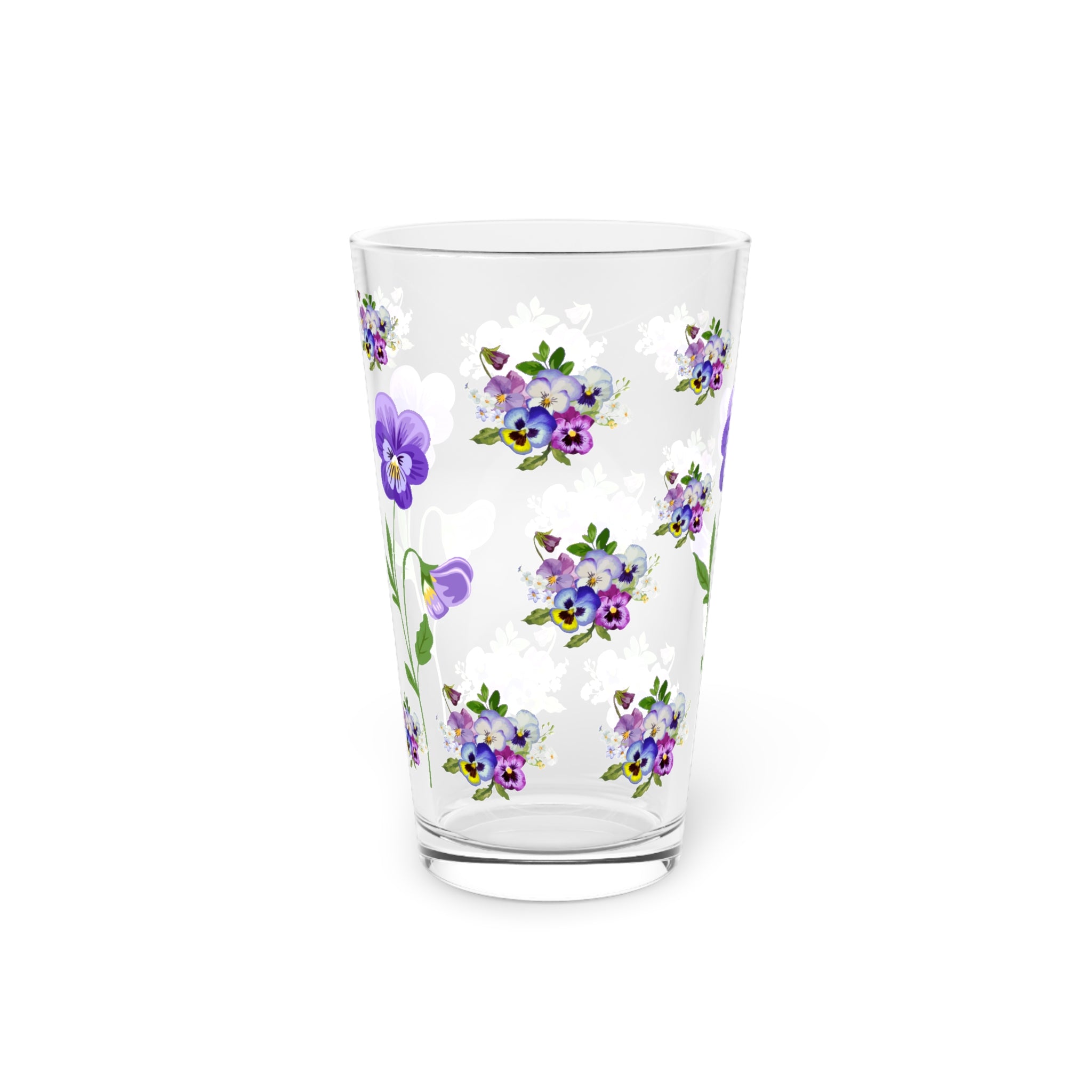 Pansies floral 16 oz Pint Glass, Art Tumbler, Beer Glass, Barware Drinkware, Wedding Gift, Party Glassware, flower garden Glassware