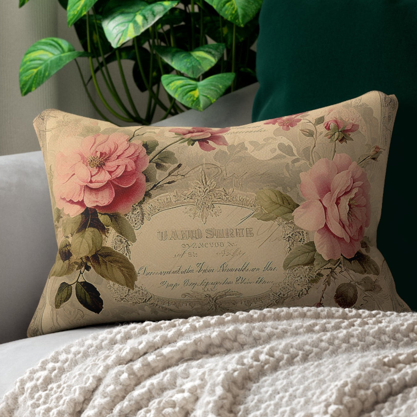 Shabby chic floral certificate Lumbar Pillow, French vintage, Farmhouse, country cottage decor, bedroom living room pillow