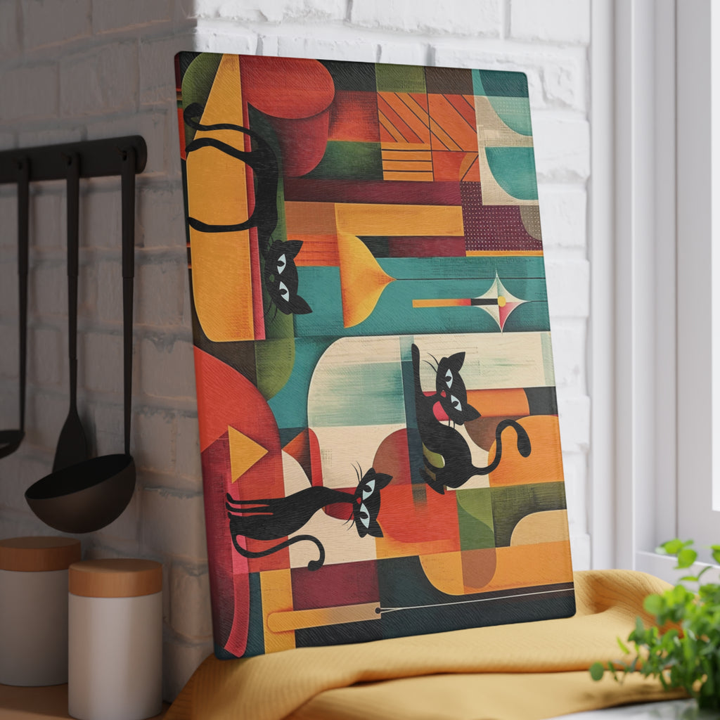 Atomic cat MCM Glass Cutting Board, Mid Century Modern, MCM chopping board, 50s 60s inspired, black cat lover gift