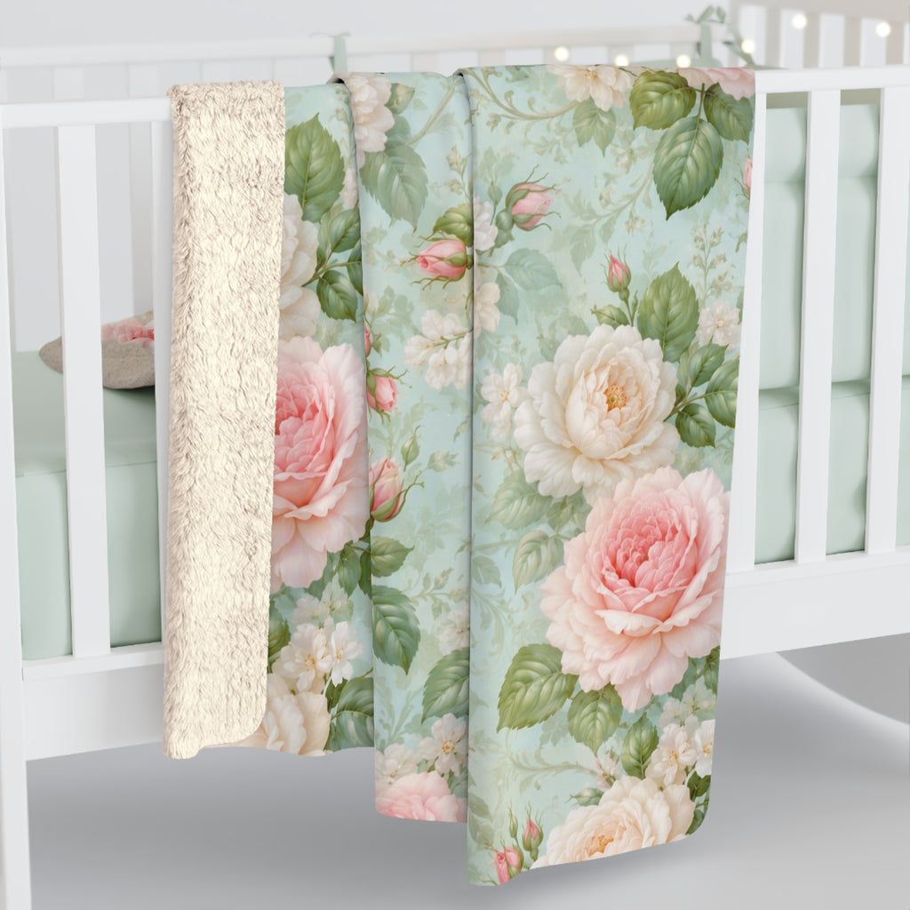 Vintage Pink Roses Sherpa Blanket | Floral Rose Throw, Shabby Chic