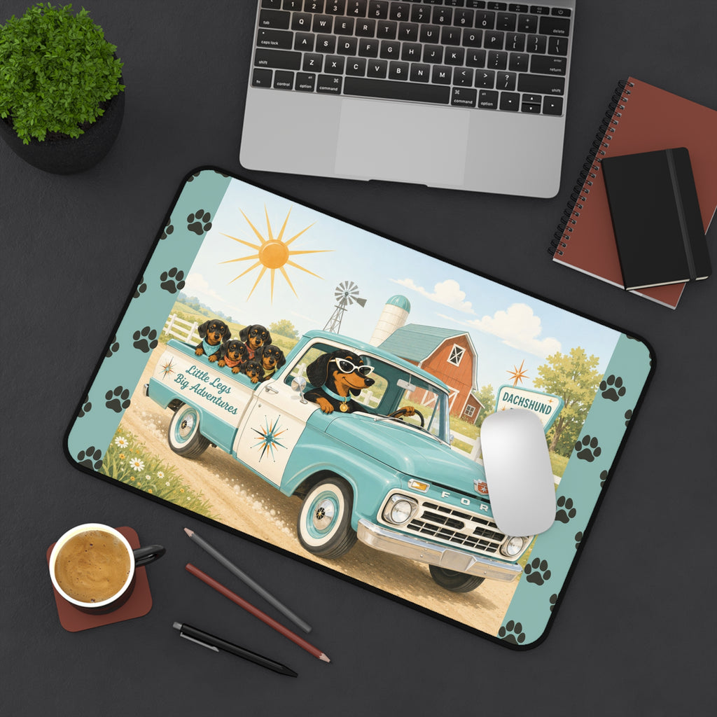 MCM Dachshund Farm Truck Desk Mat | Retro Puppy Road Trip Mouse Pad