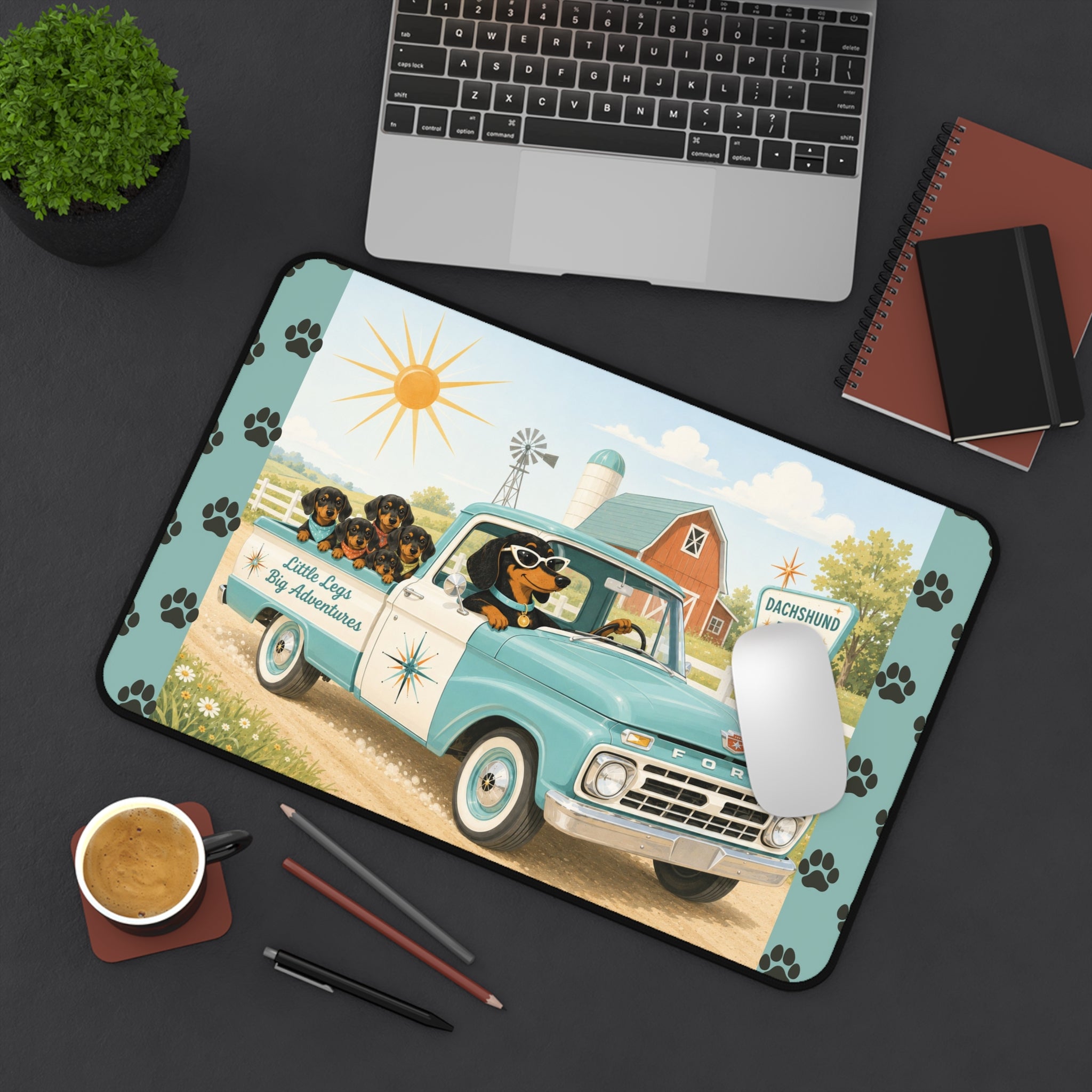 MCM Dachshund Farm Truck Desk Mat | Retro Puppy Road Trip Mouse Pad