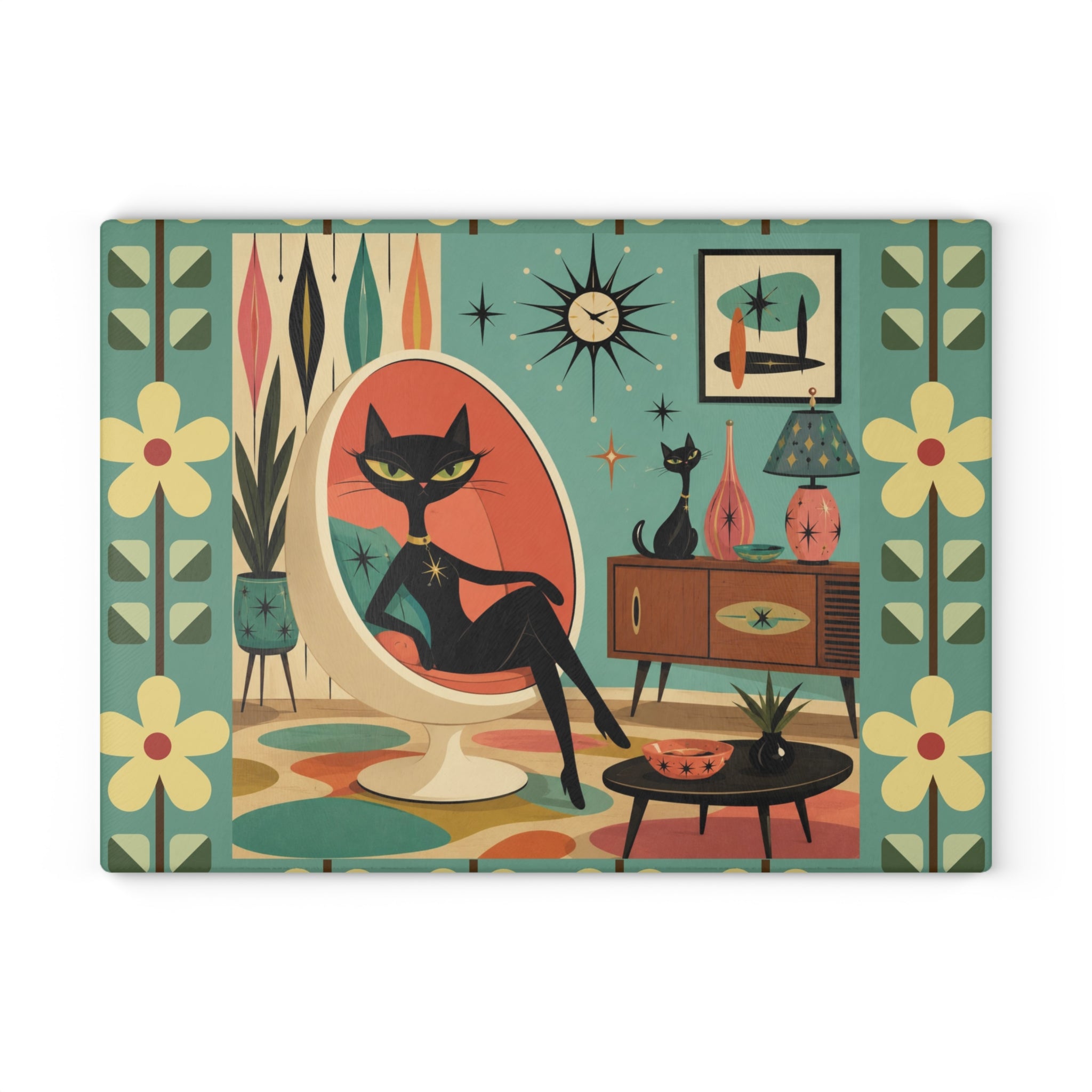 Retro Lounge Atomic Cat Glass Cutting Board | Mid Century Modern Kitchen Decor
