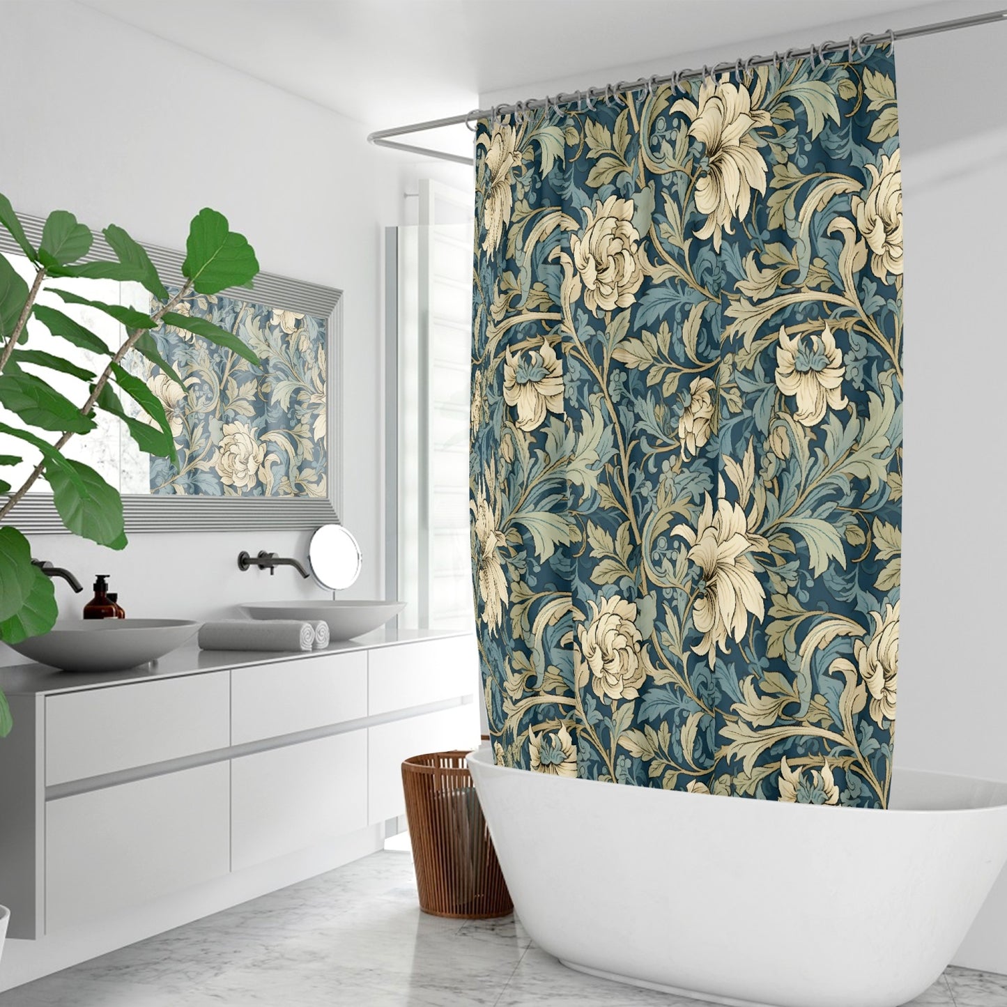 Floral Vintage inspired by William Morris pattern Quick-drying Shower Curtain, bathtub stall curtain