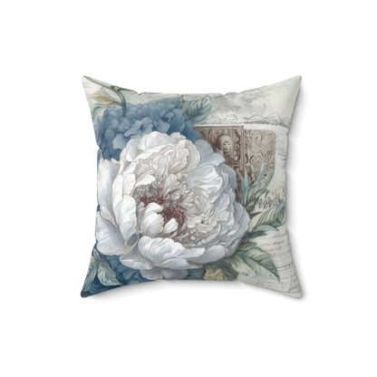 Blue with large white flower floral shabby chic Square Pillow, vintage inspired, couch scatter throw cushion, living room decor