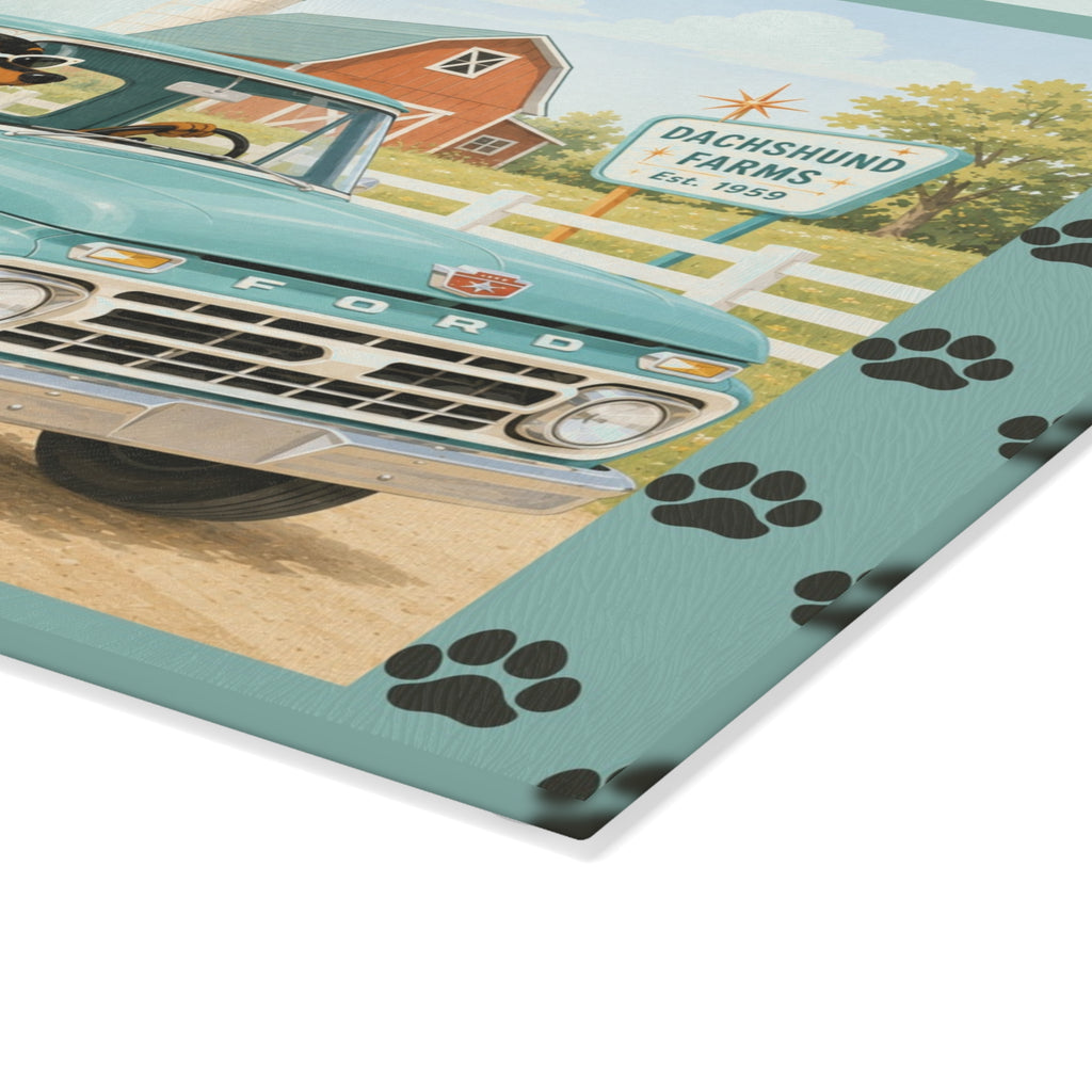 MCM Dachshund Farm Truck Glass Cutting Board | Retro Doxie Dogs Kitchen Decor