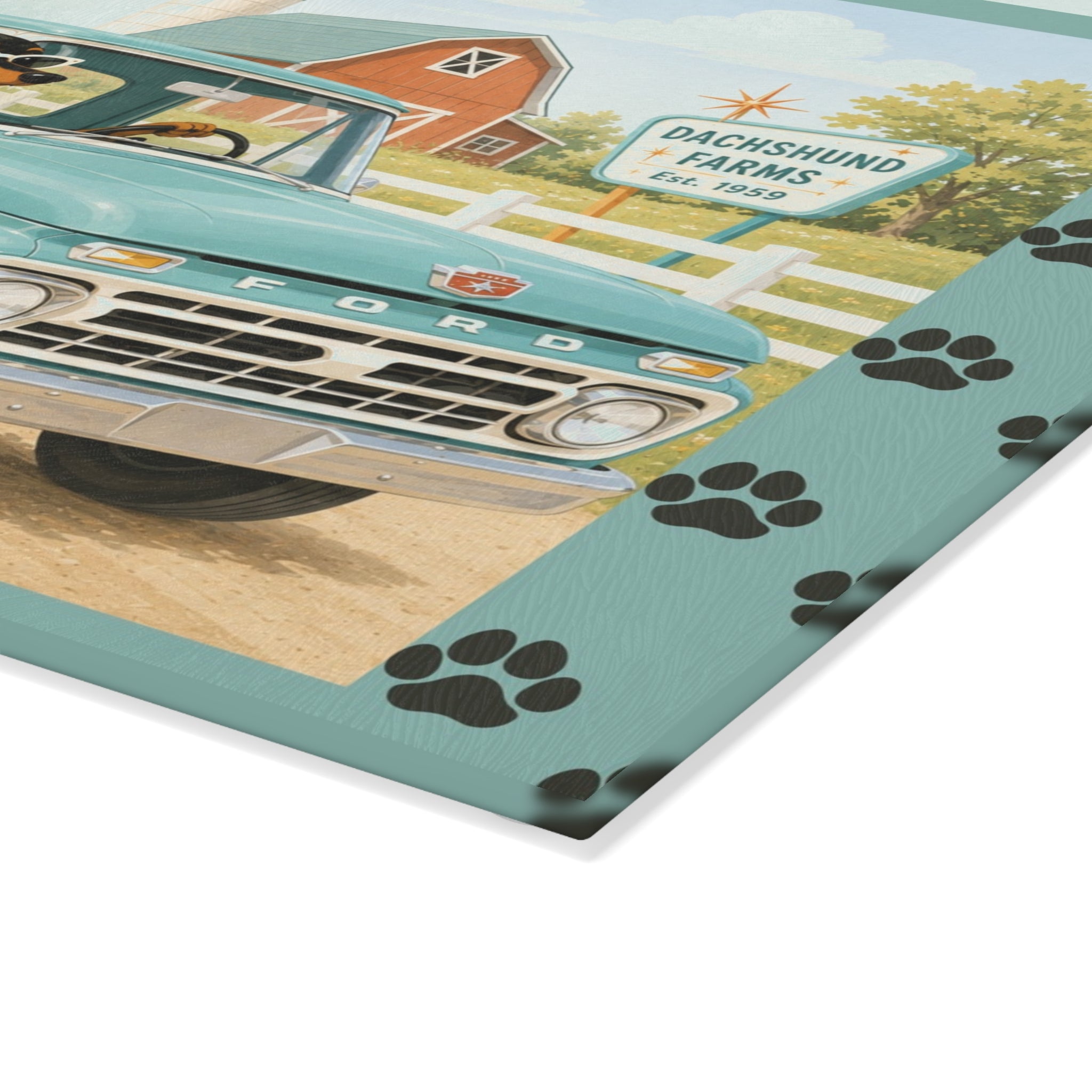 MCM Dachshund Farm Truck Glass Cutting Board | Retro Doxie Dogs Kitchen Decor