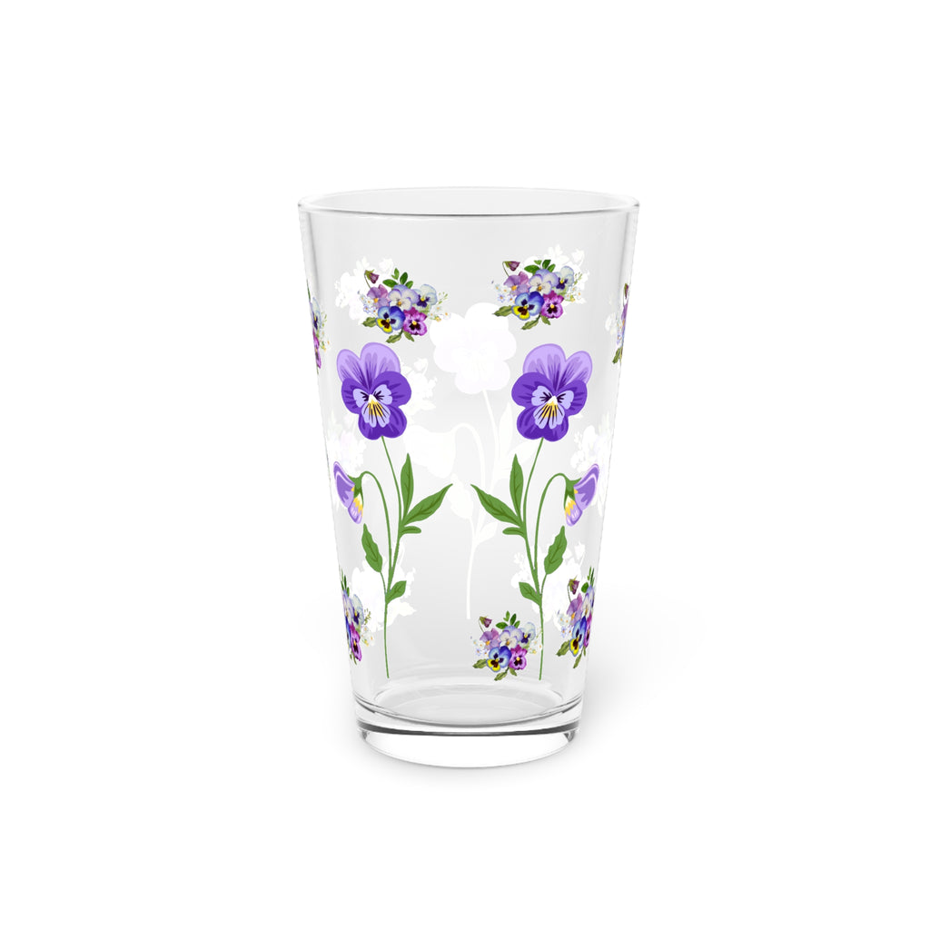 Pansies floral 16 oz Pint Glass, Art Tumbler, Beer Glass, Barware Drinkware, Wedding Gift, Party Glassware, flower garden Glassware