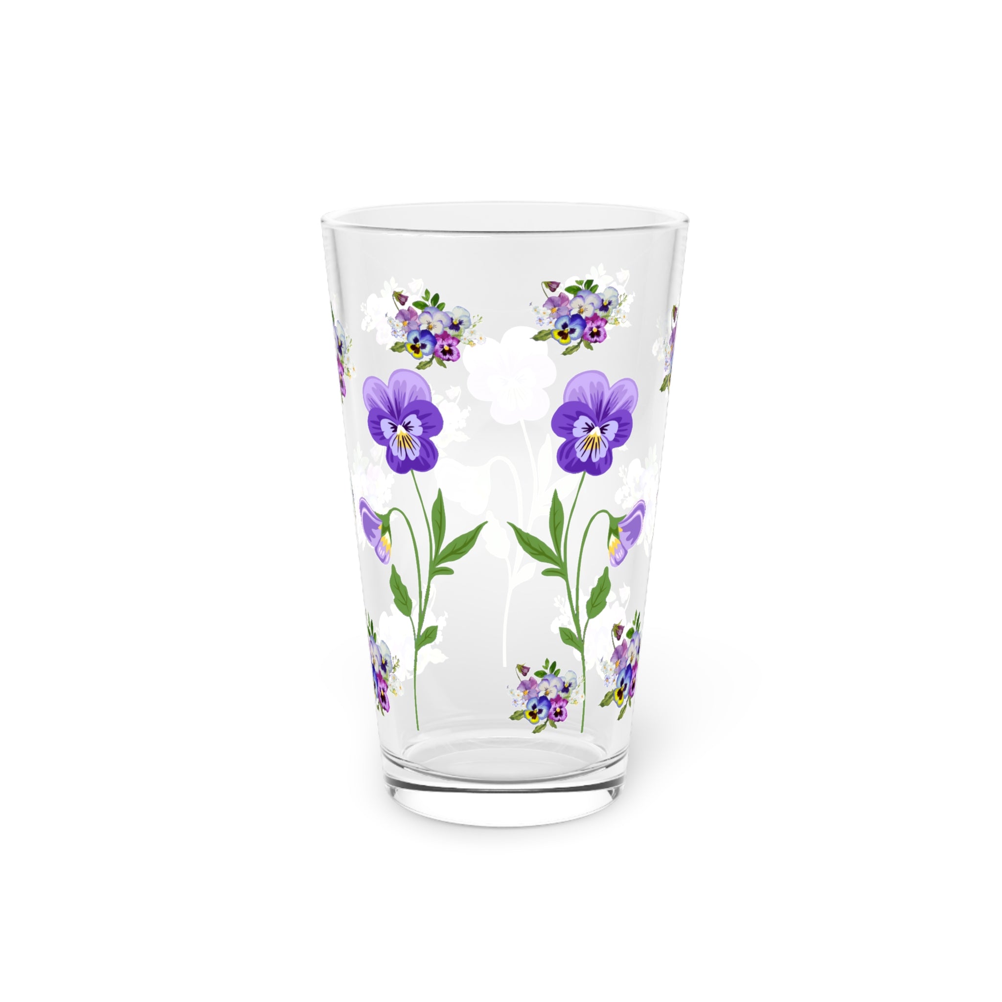 Pansies floral 16 oz Pint Glass, Art Tumbler, Beer Glass, Barware Drinkware, Wedding Gift, Party Glassware, flower garden Glassware