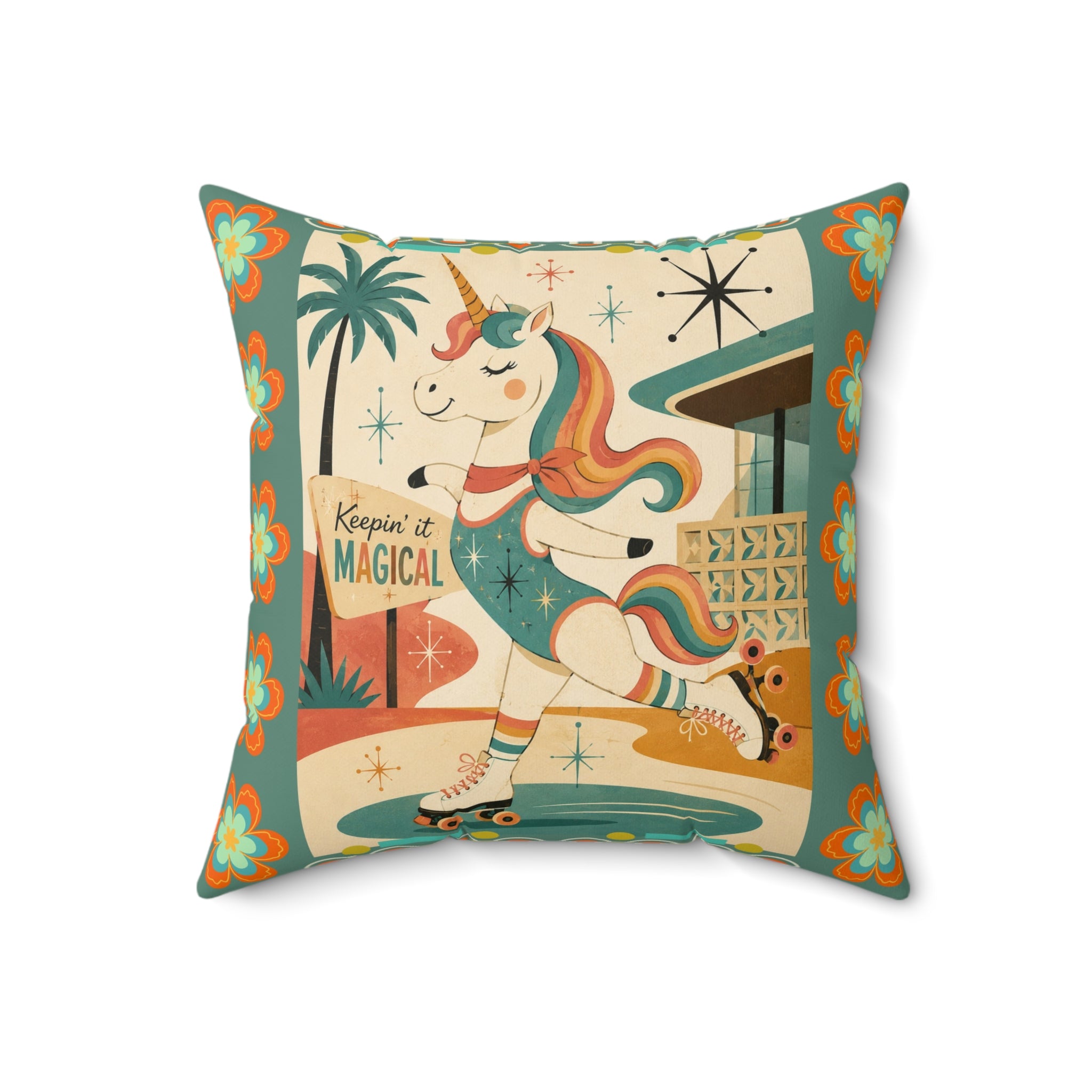 Retro Roller Skating Unicorn pillow | Square Polyester Throw Pillow, Vintage Rainbow Unicorn