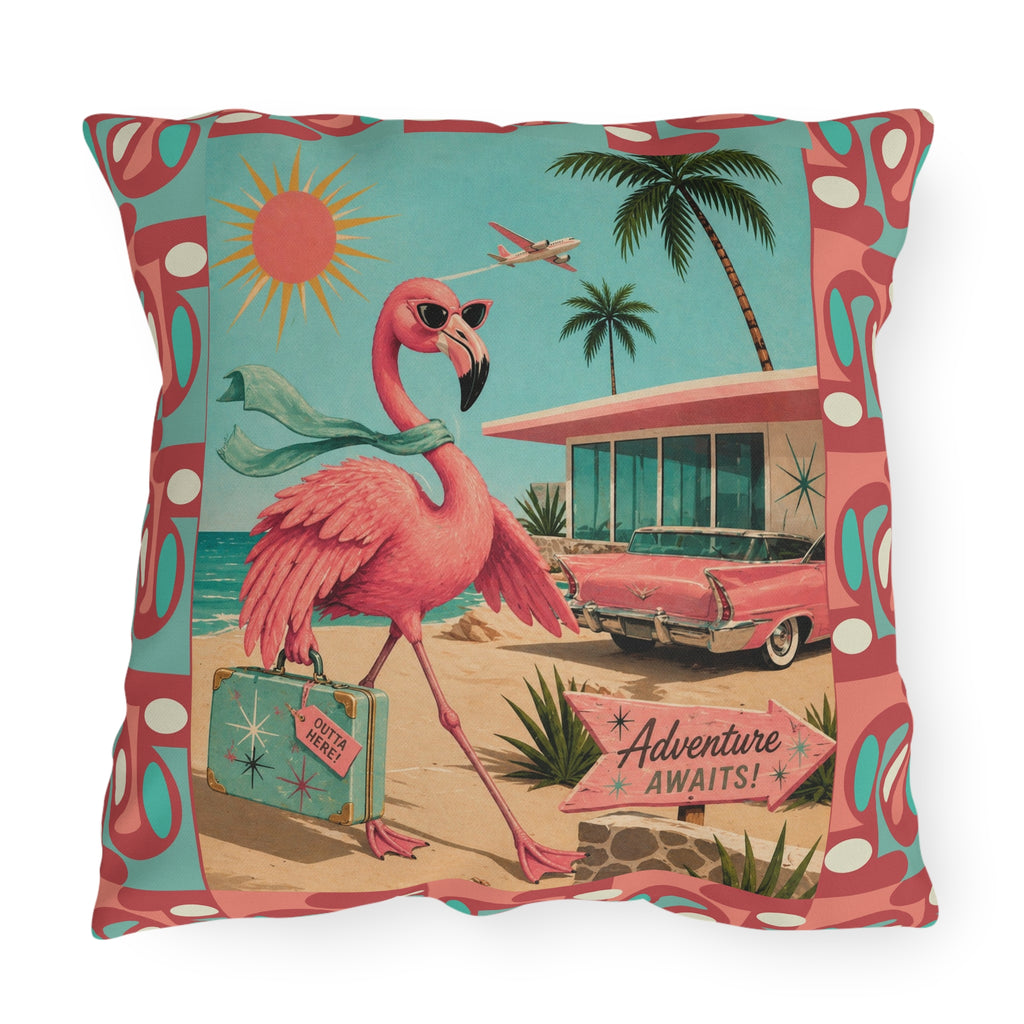 Retro Flamingo fly away Travel Illustration Outdoor Pillow | Mid Century Beach Adventure