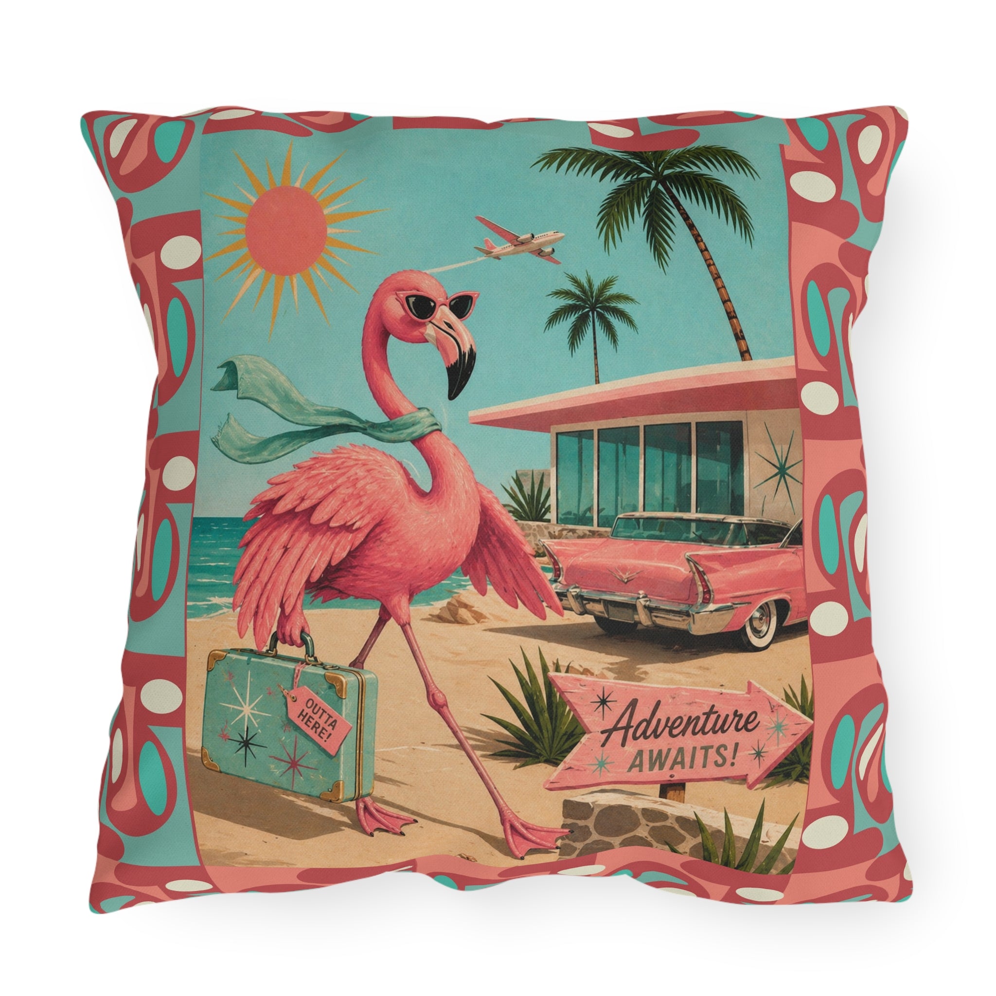 Retro Flamingo fly away Travel Illustration Outdoor Pillow | Mid Century Beach Adventure