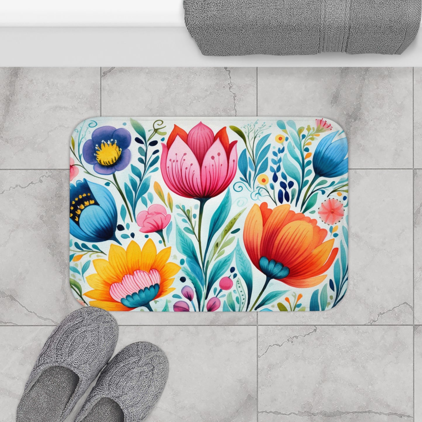 Floral folk art bathmat, whimsical wildflowers, bathroom decor