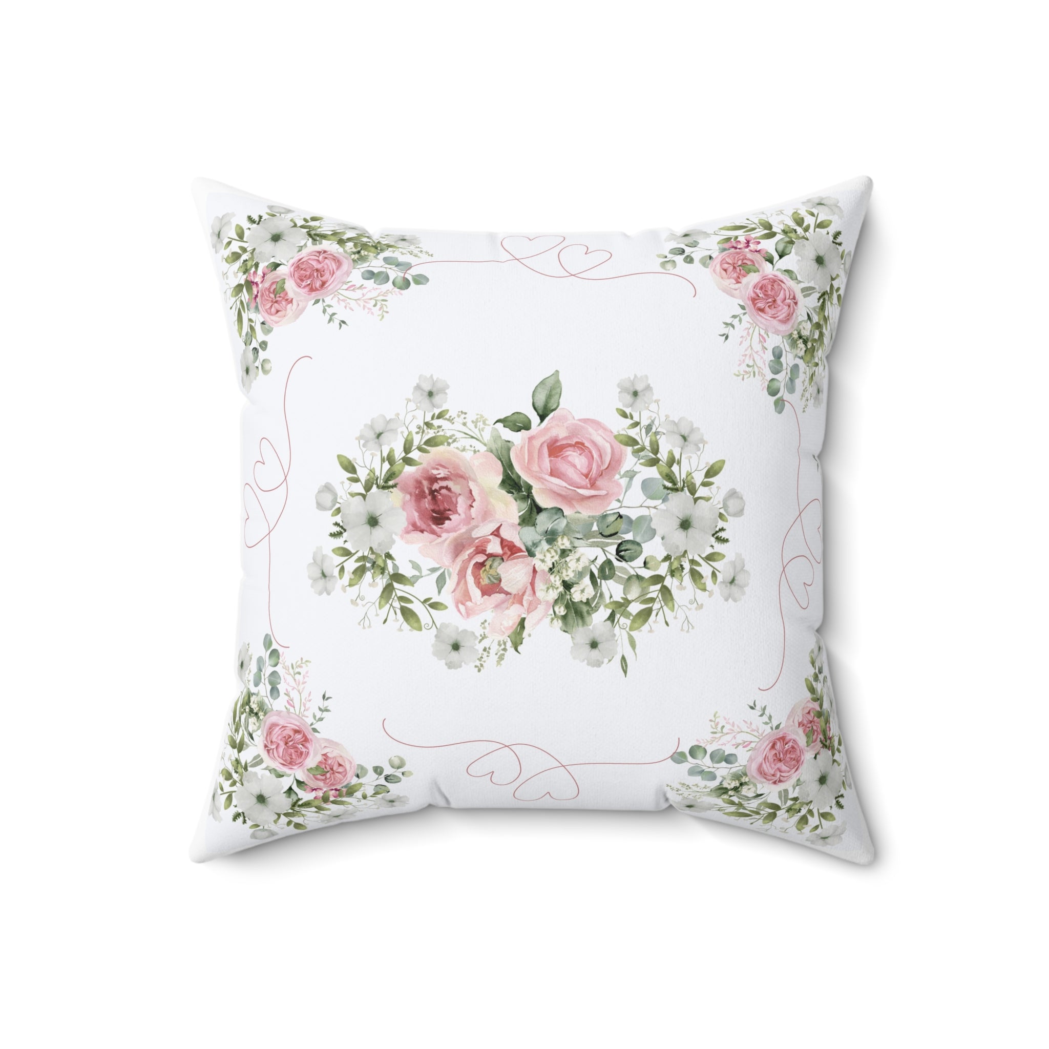 Pink Peony rose love heart Spun Polyester Square Pillow, Shabby chic style, Farmhouse decor, floral scatter cushion