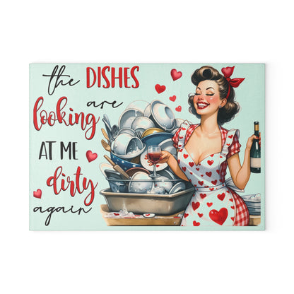 Vintage inspired Dirty dishes Glass Cutting Board, valentines gift, retro chopping board