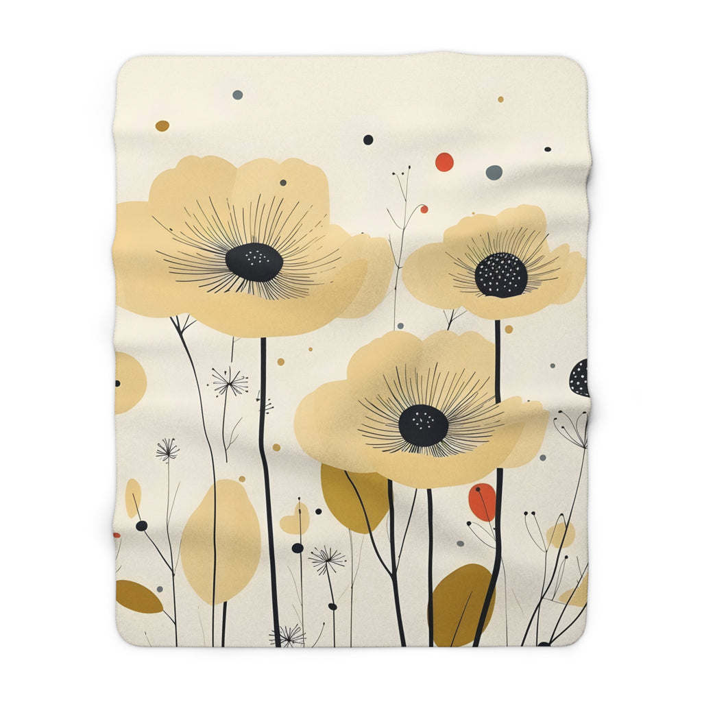 Yellow Poppy's Mid Century Modern Sherpa Fleece Blanket, retro floral, MCM throw couch bed blanket