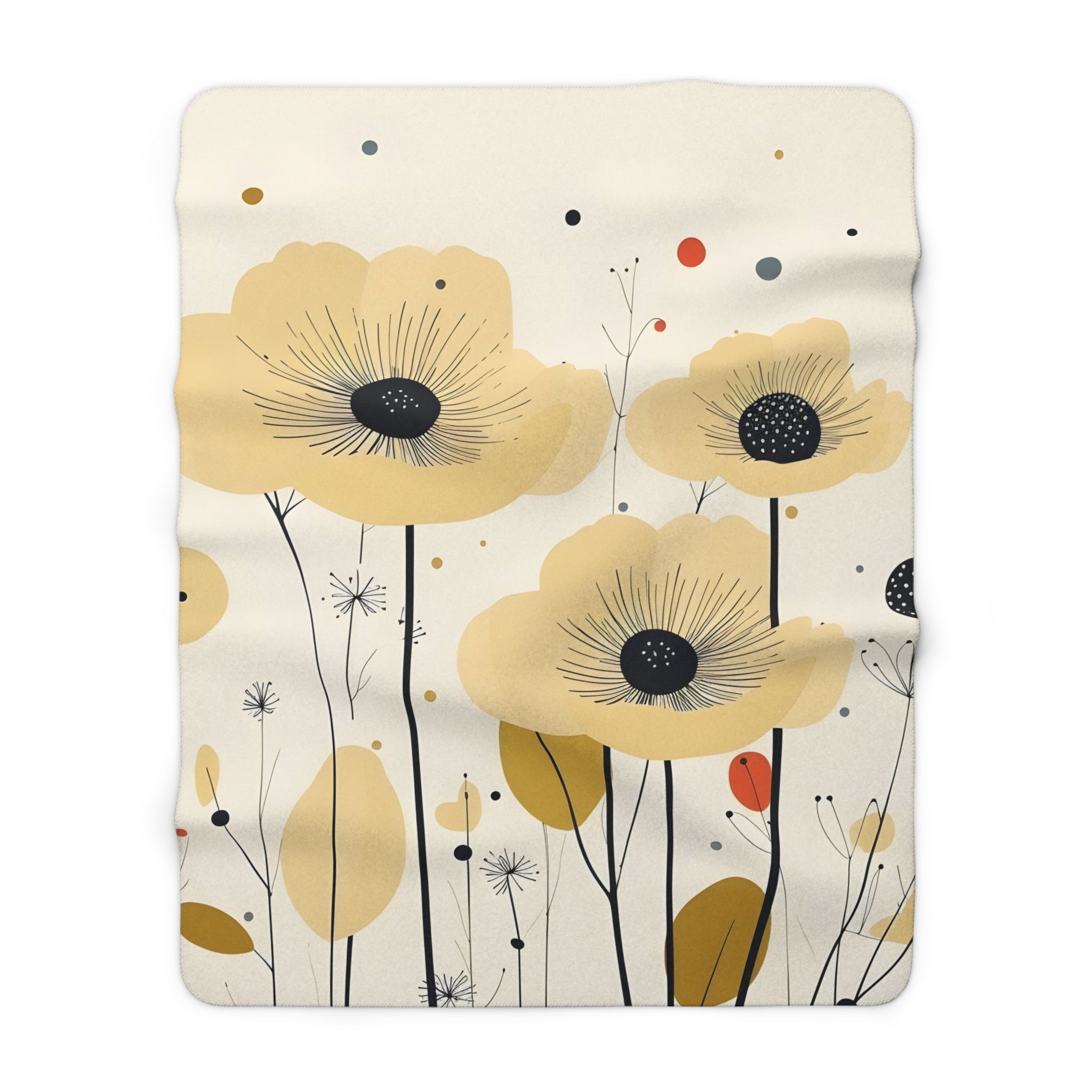 Yellow Poppy's Mid Century Modern Sherpa Fleece Blanket, retro floral, MCM throw couch bed blanket