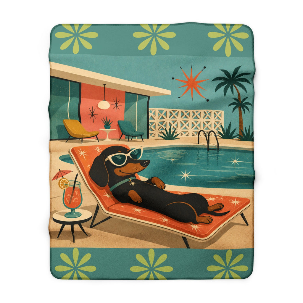 Retro Dachshund Poolside Lounge Sherpa Fleece Blanket | Mid Century Dog Summer