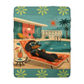 Retro Dachshund Poolside Lounge Sherpa Fleece Blanket | Mid Century Dog Summer