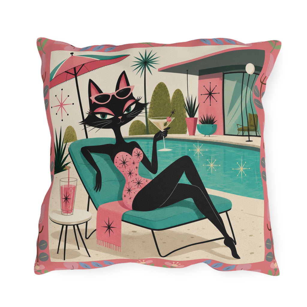 Retro Poolside Cat Outdoor Pillow | Mid Century Modern Cocktail