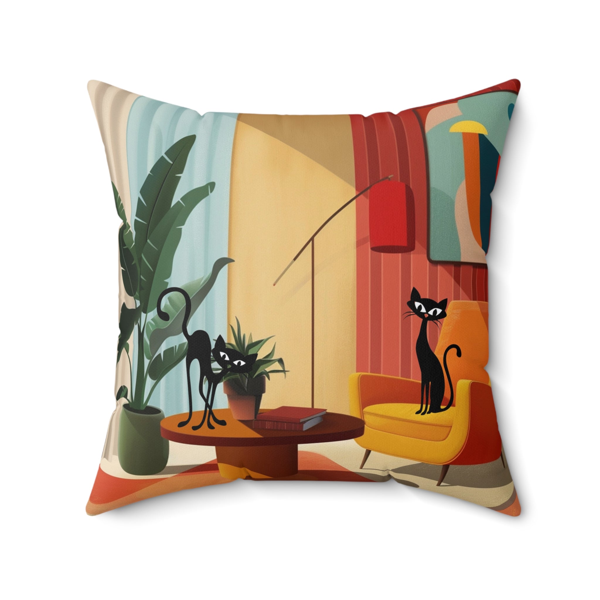 Atomic cat retro Spun Polyester Square Pillow, Mid Century Modern, mancave pillow, living couch scatter throw cushion, black cat lover gift