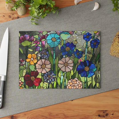 Glass Cutting Board, stained glass look, flower garden, cheese board, bread, serving, tempered glass chopping board