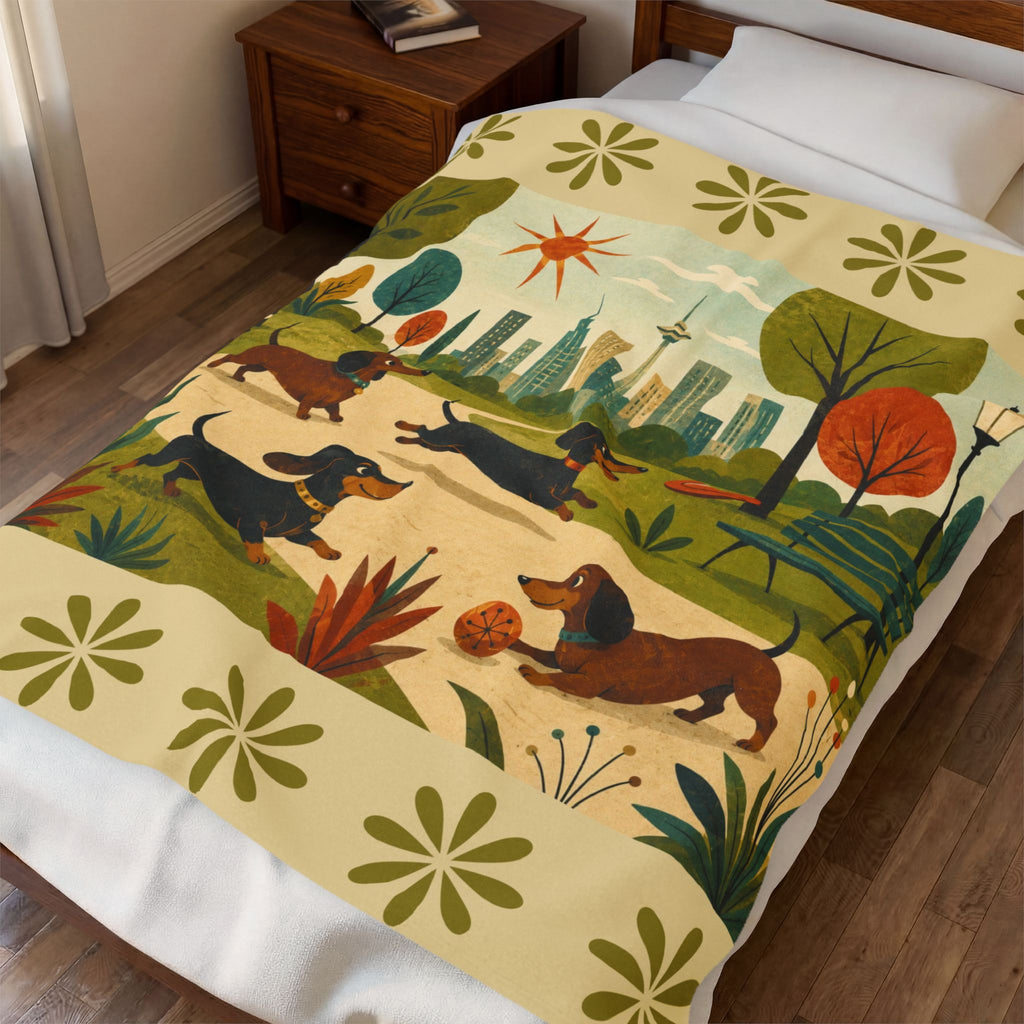 MCM Dachshund Park Scene Velveteen Plush Blanket | Retro City Park Dogs