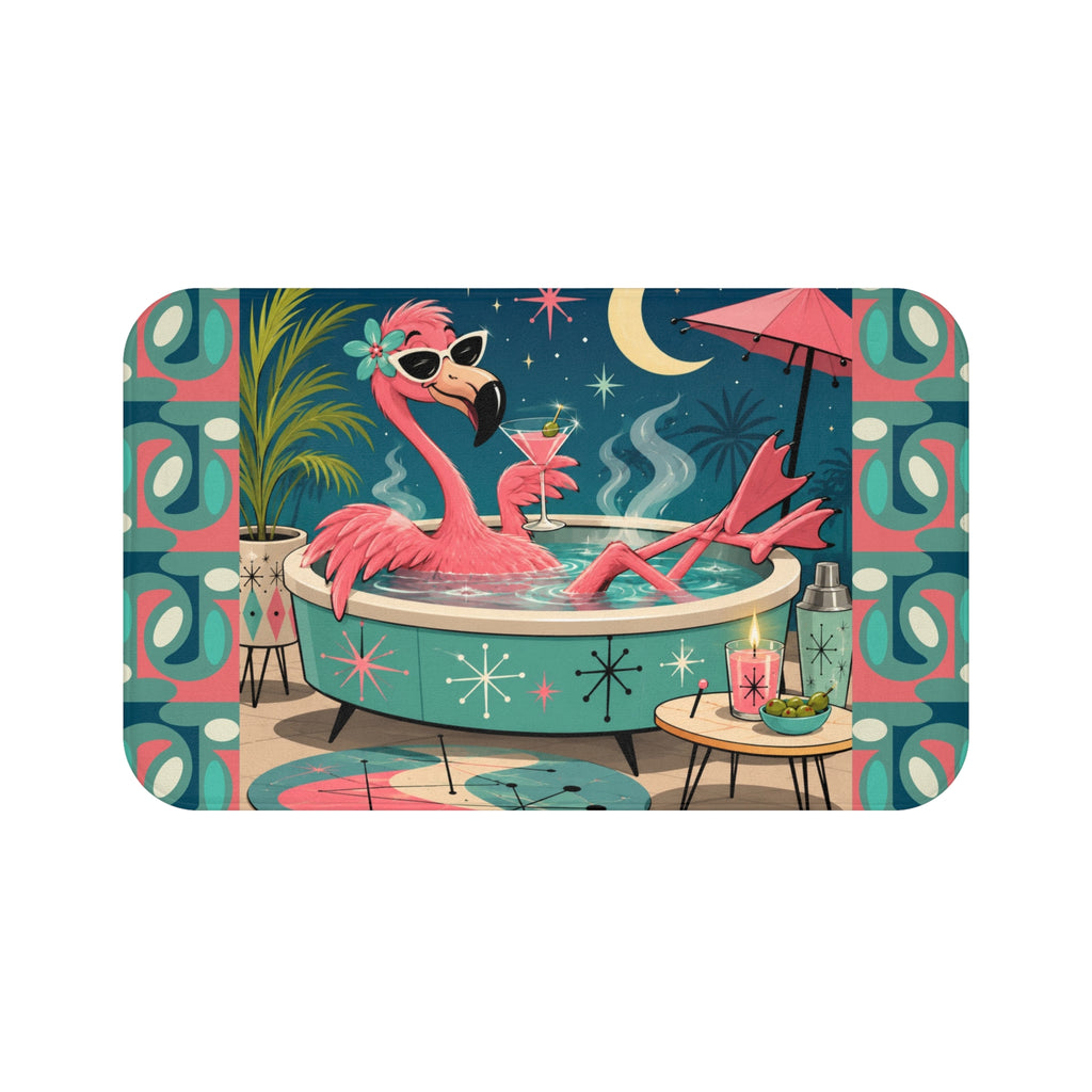 Retro Flamingo Pool Art Bath Mat | Mid Century Tiki Tropical Bath Rug