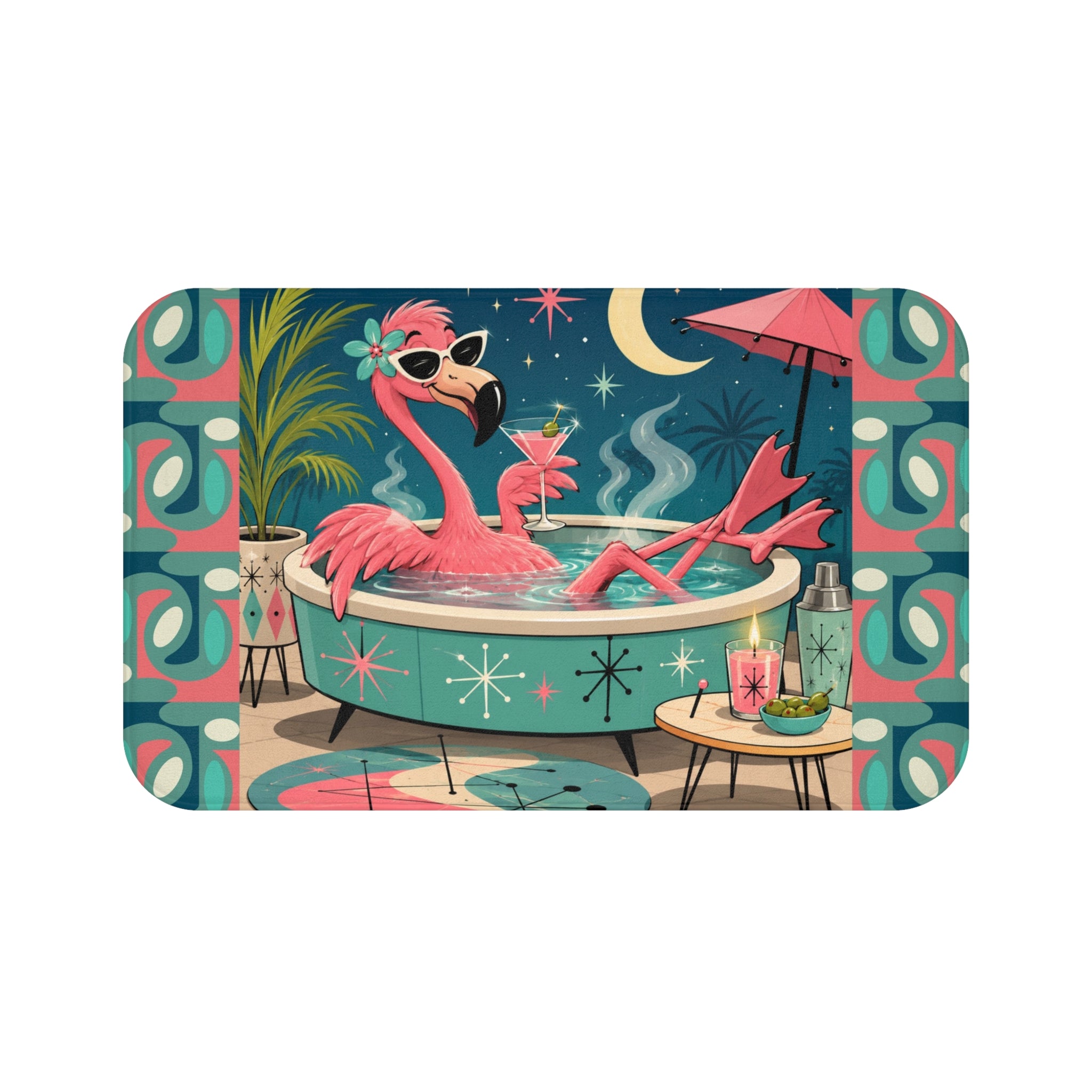 Retro Flamingo Pool Art Bath Mat | Mid Century Tiki Tropical Bath Rug