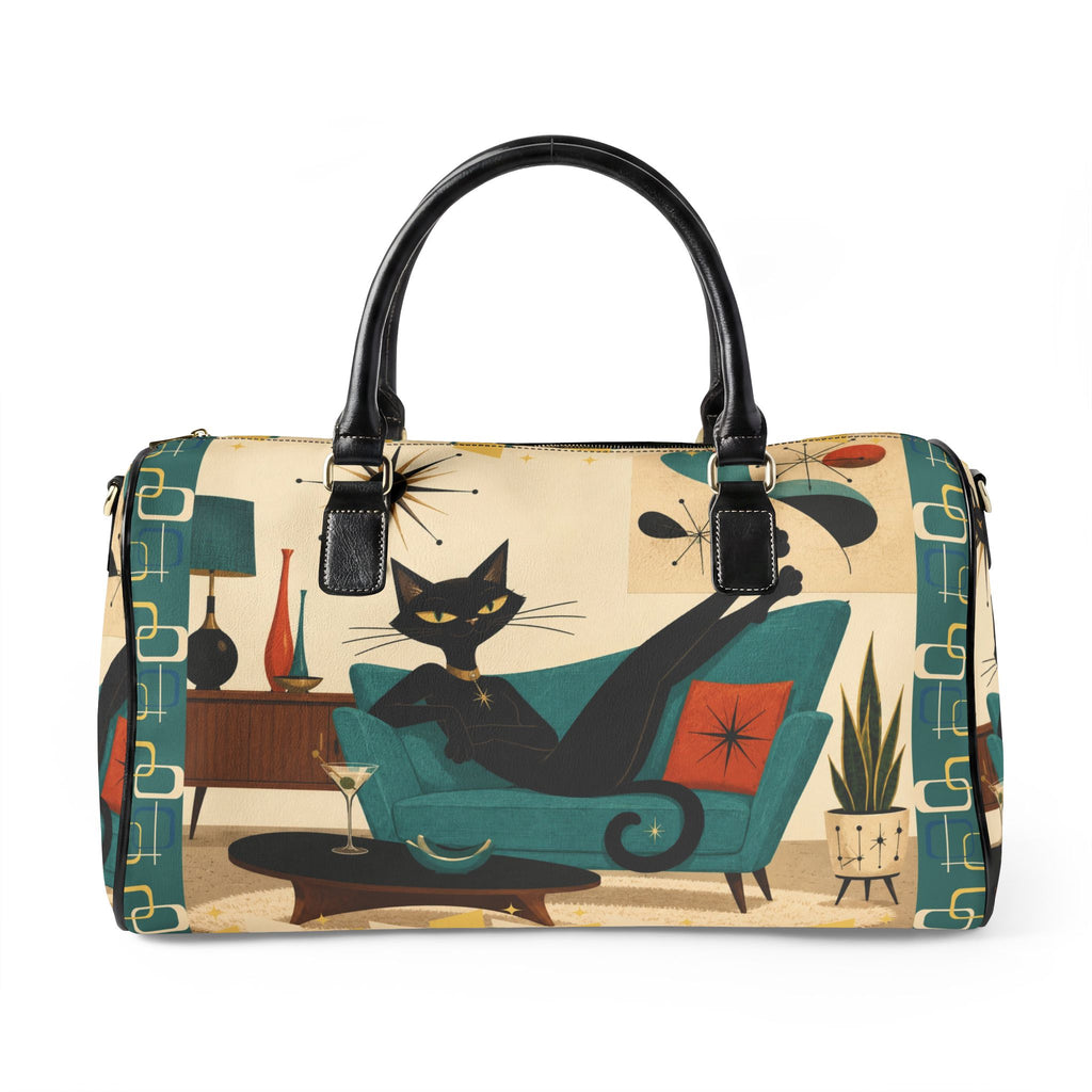 Retro Lounge Atomic Cat Faux Leather Travel Bag | Mid Century Modern Cat Design