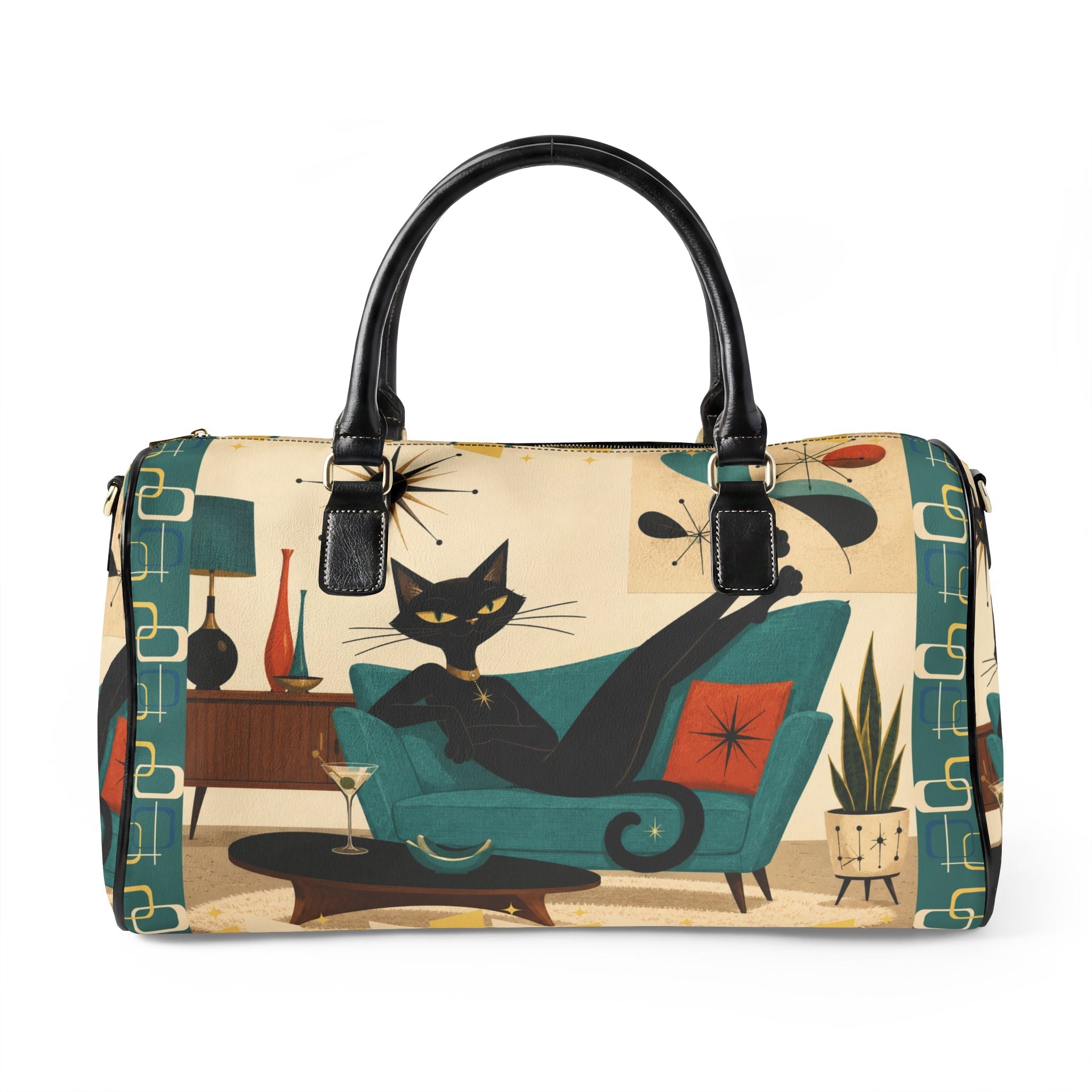 Retro Lounge Atomic Cat Faux Leather Travel Bag | Mid Century Modern Cat Design