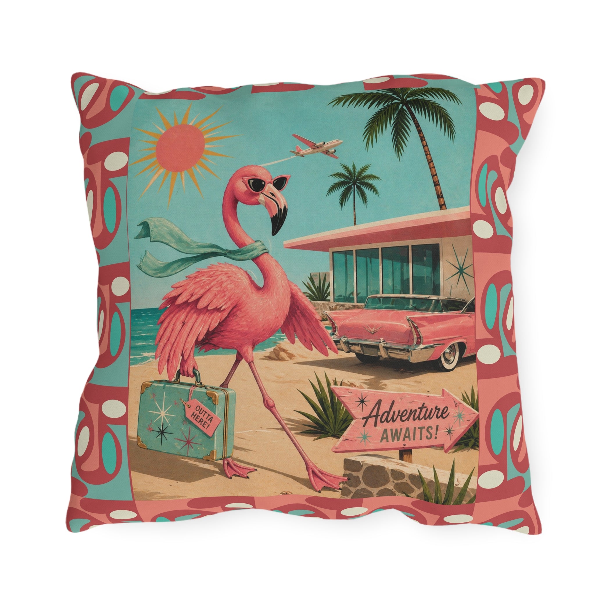 Retro Flamingo fly away Travel Illustration Outdoor Pillow | Mid Century Beach Adventure