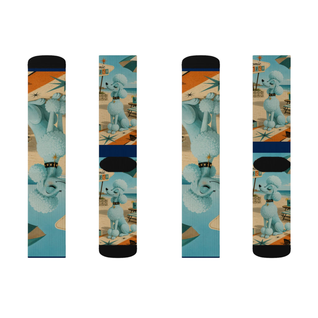 Blue Retro Poodle Pattern Socks | Novelty Mid Century Crew Socks