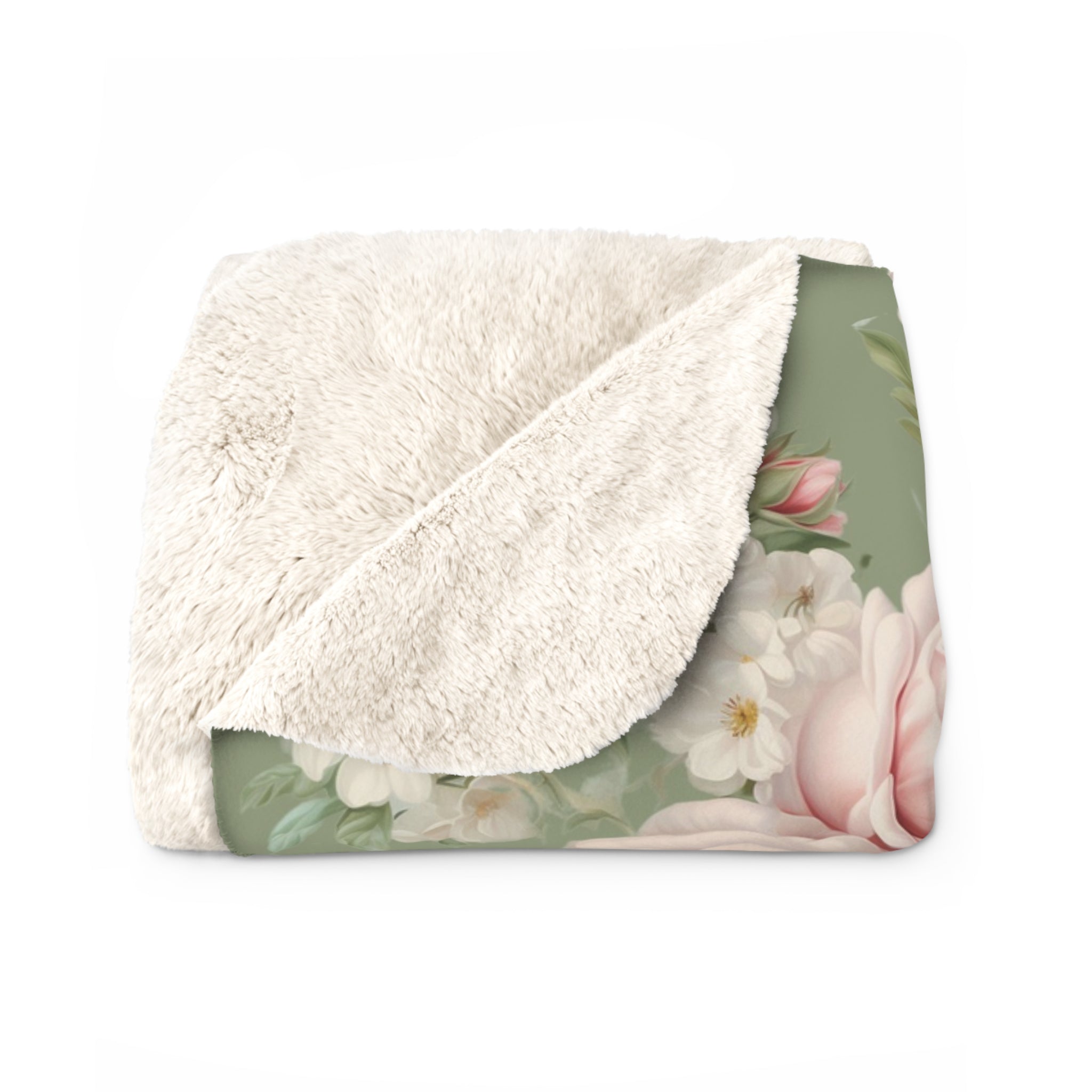 Pink vintage rose with green background Sherpa Fleece Blanket, Farmhouse decor, Shabby chic, country cottage, throw couch blanket